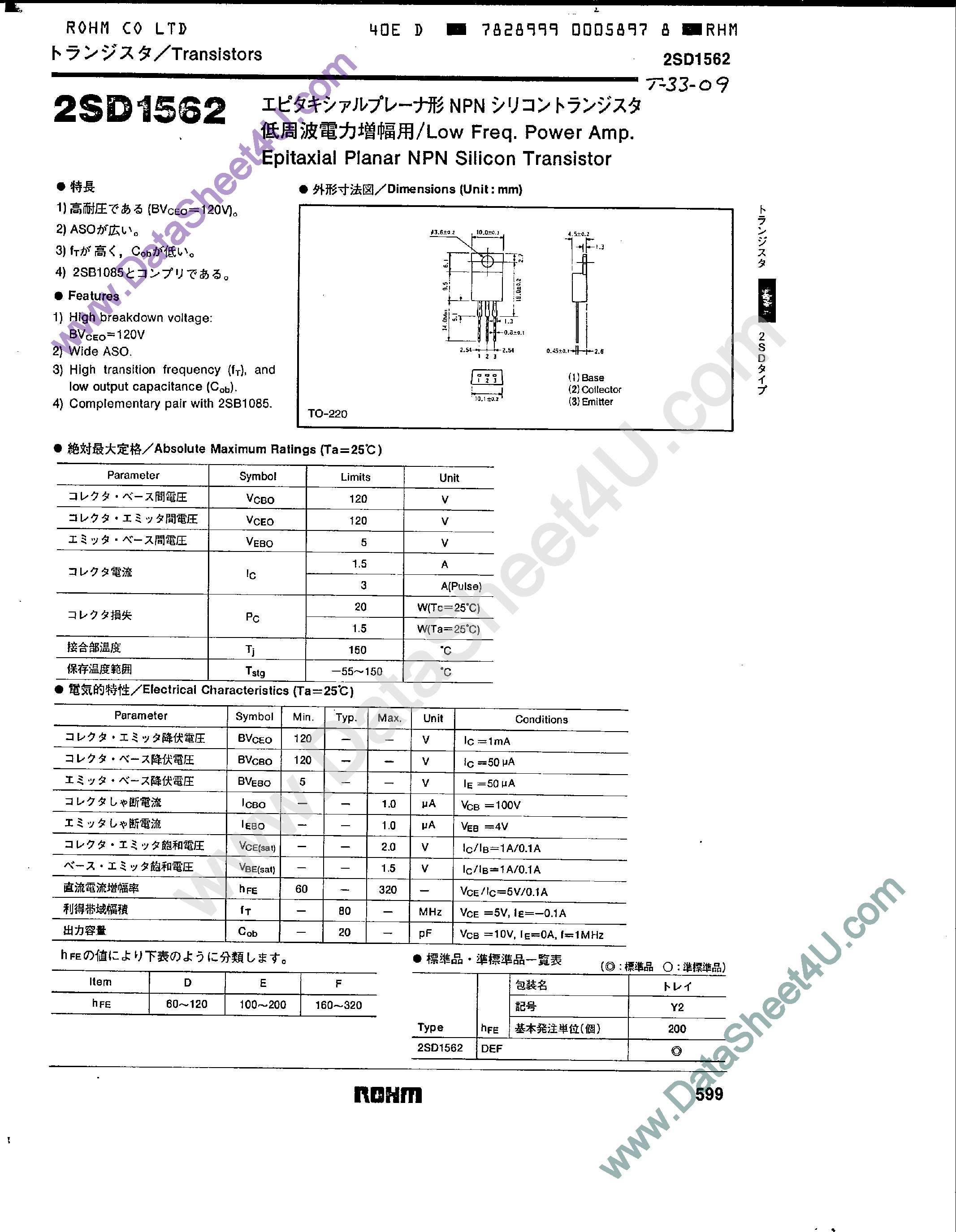 Datasheet 2SD1562 - Epitaxial Planar NPN Silicon Transistor page 1