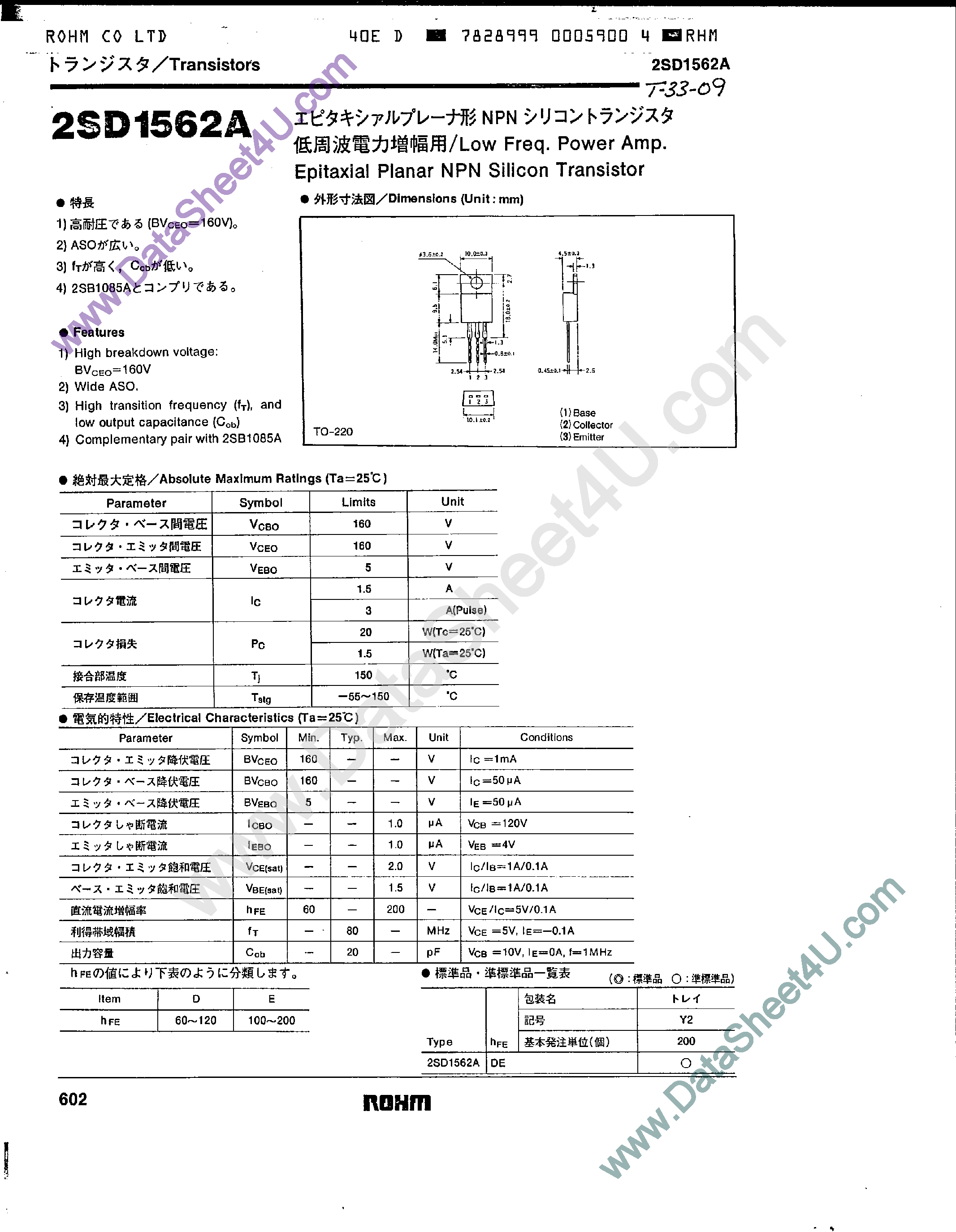 Datasheet 2SD1562A - Epitaxial Planar NPN Silicon Transistor page 1