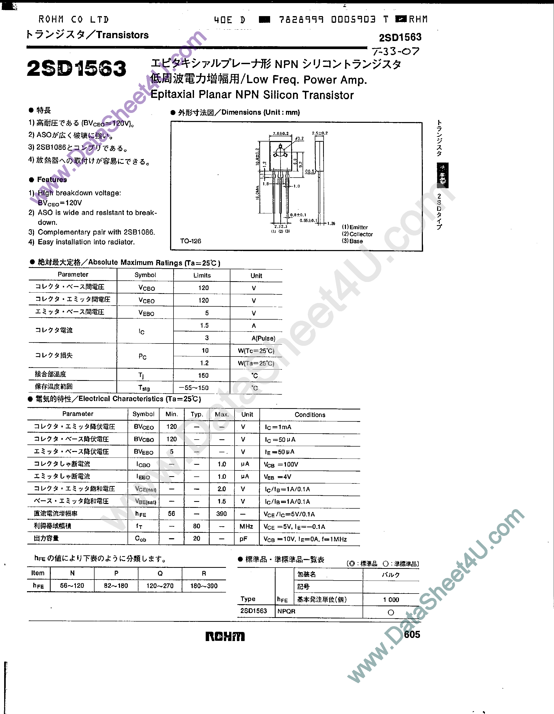 Datasheet 2SD1563 - Epitaxial Planar NPN Silicon Transistor page 1