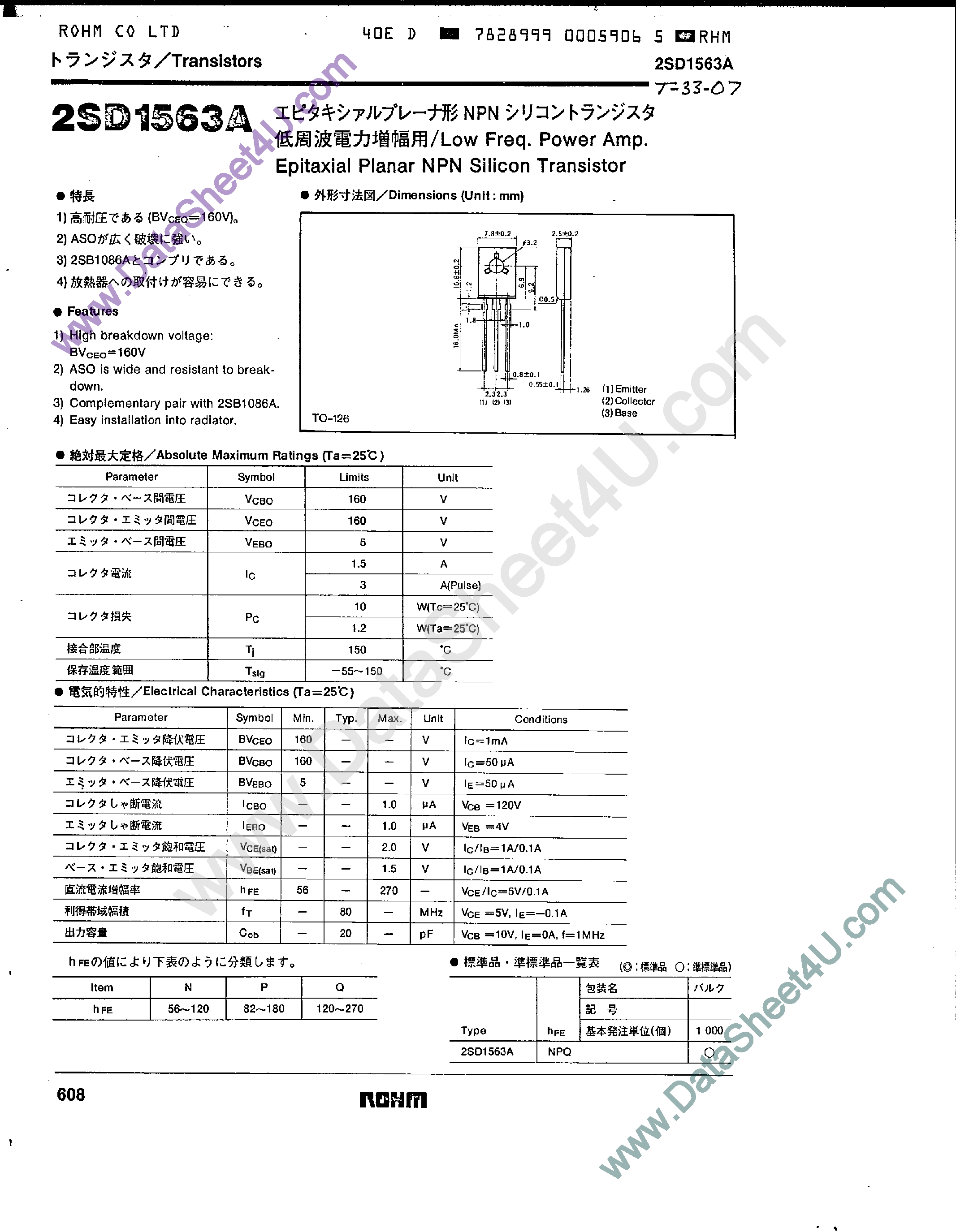 Datasheet 2SD1563A page 1 Datasheet 2SD1563A - Epitaxial Planar NPN Silicon Transistor page 1