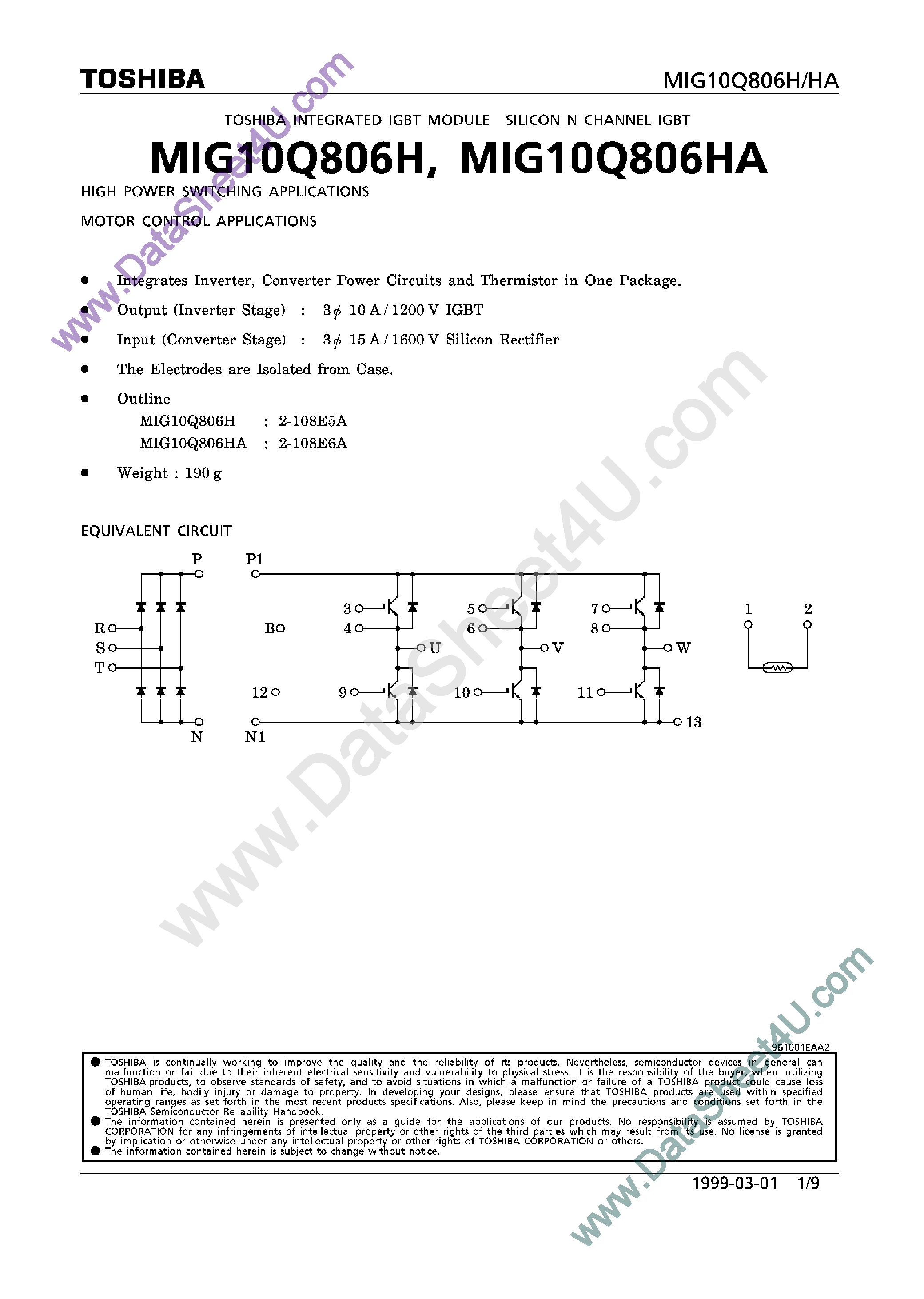 Datasheet MIG10Q806H - High Power Switching / Motor Control Applications page 1