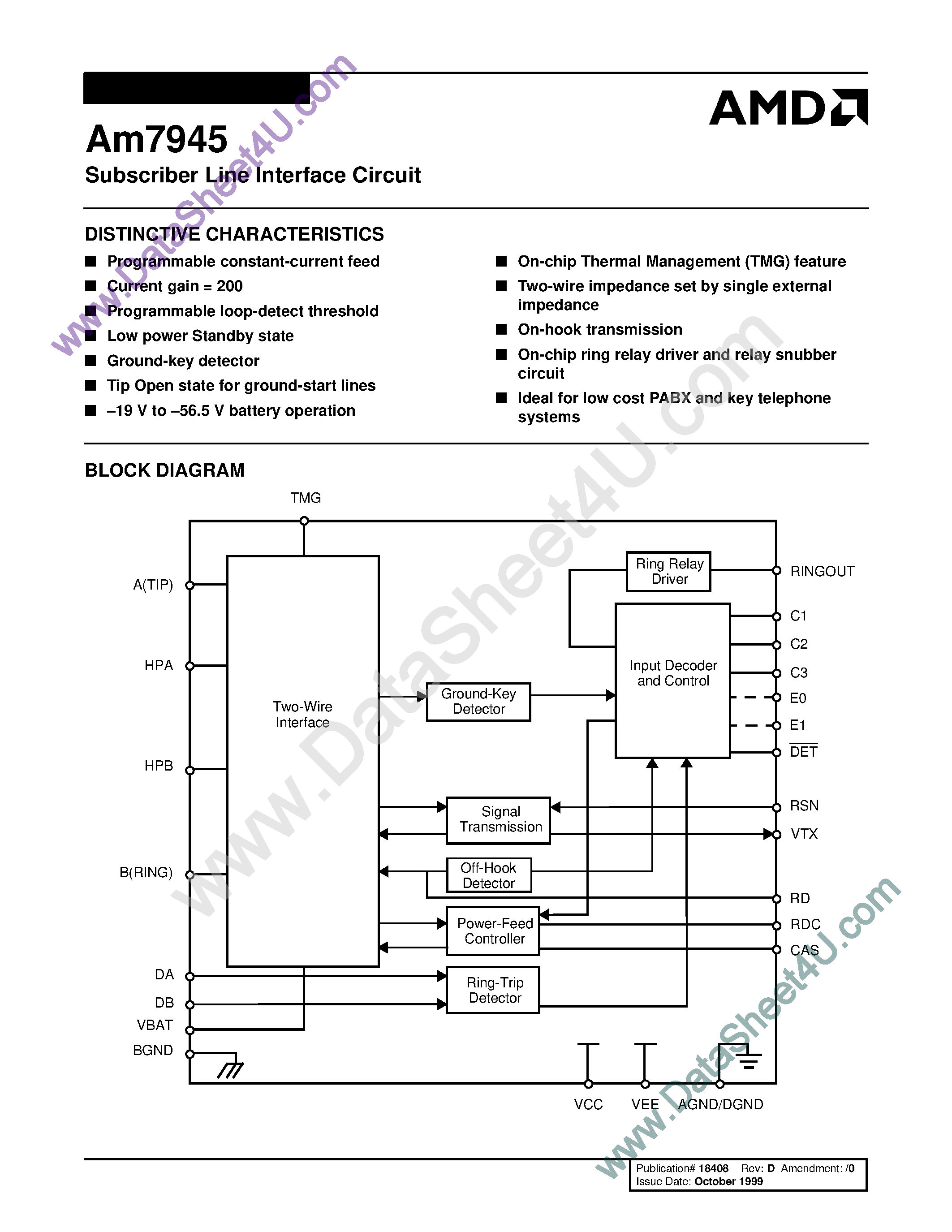 Datasheet AM7945 page 1 Datasheet AM7945 - Subscriber Line Interface Circuit page 1