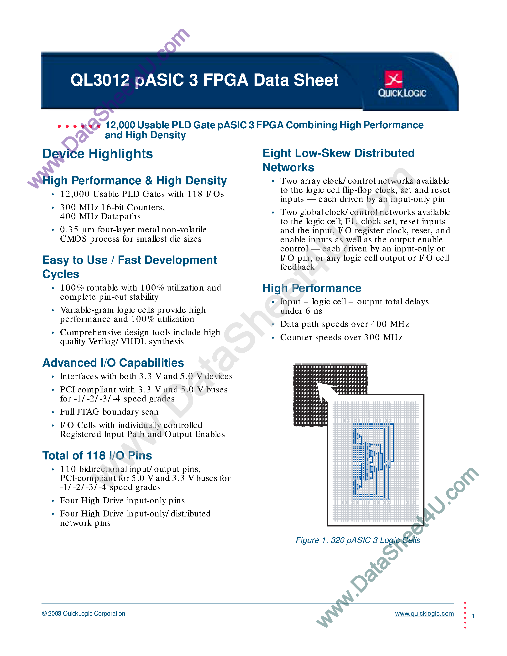 Datasheet QL3012 - qASIC 3 FPGA page 1