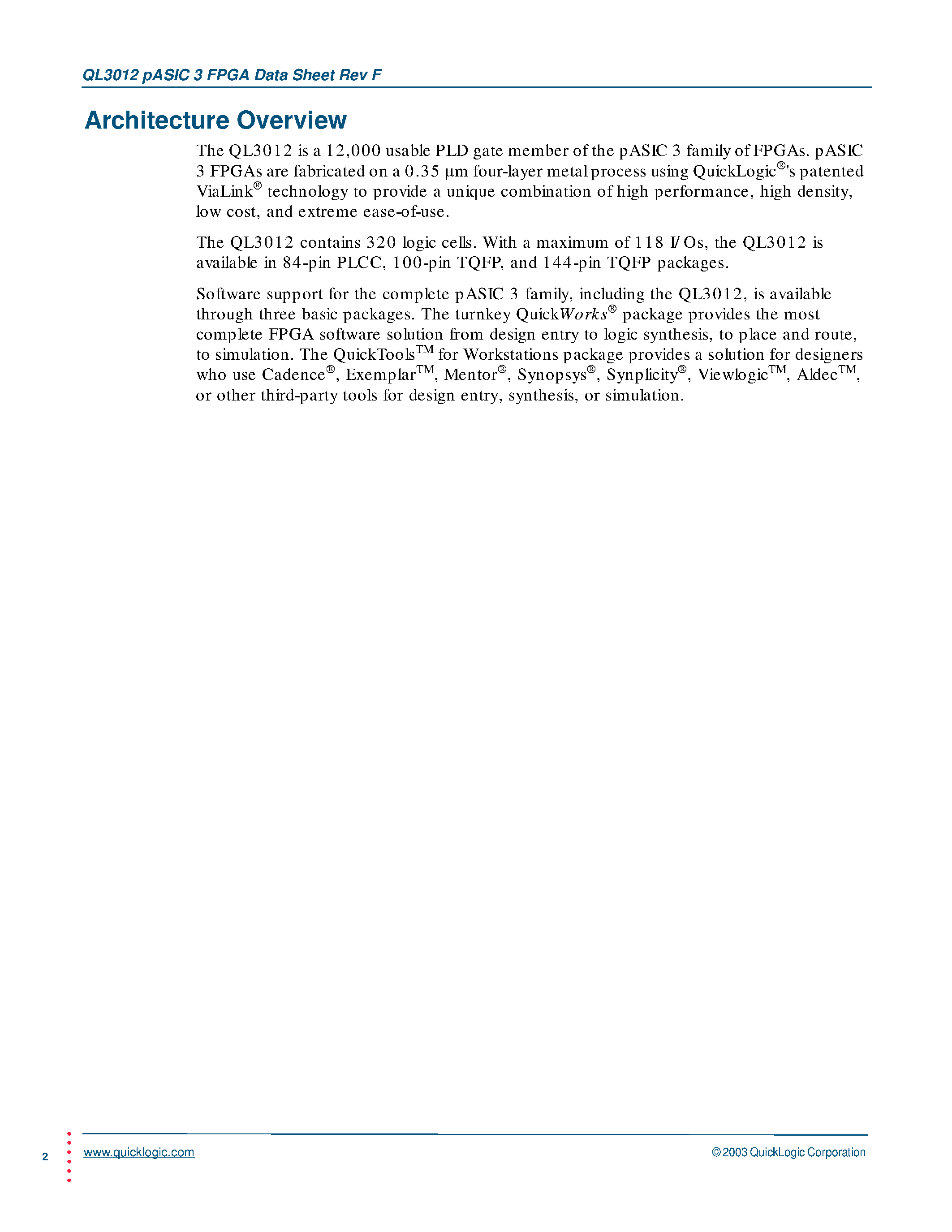 Datasheet QL3012 - qASIC 3 FPGA page 2