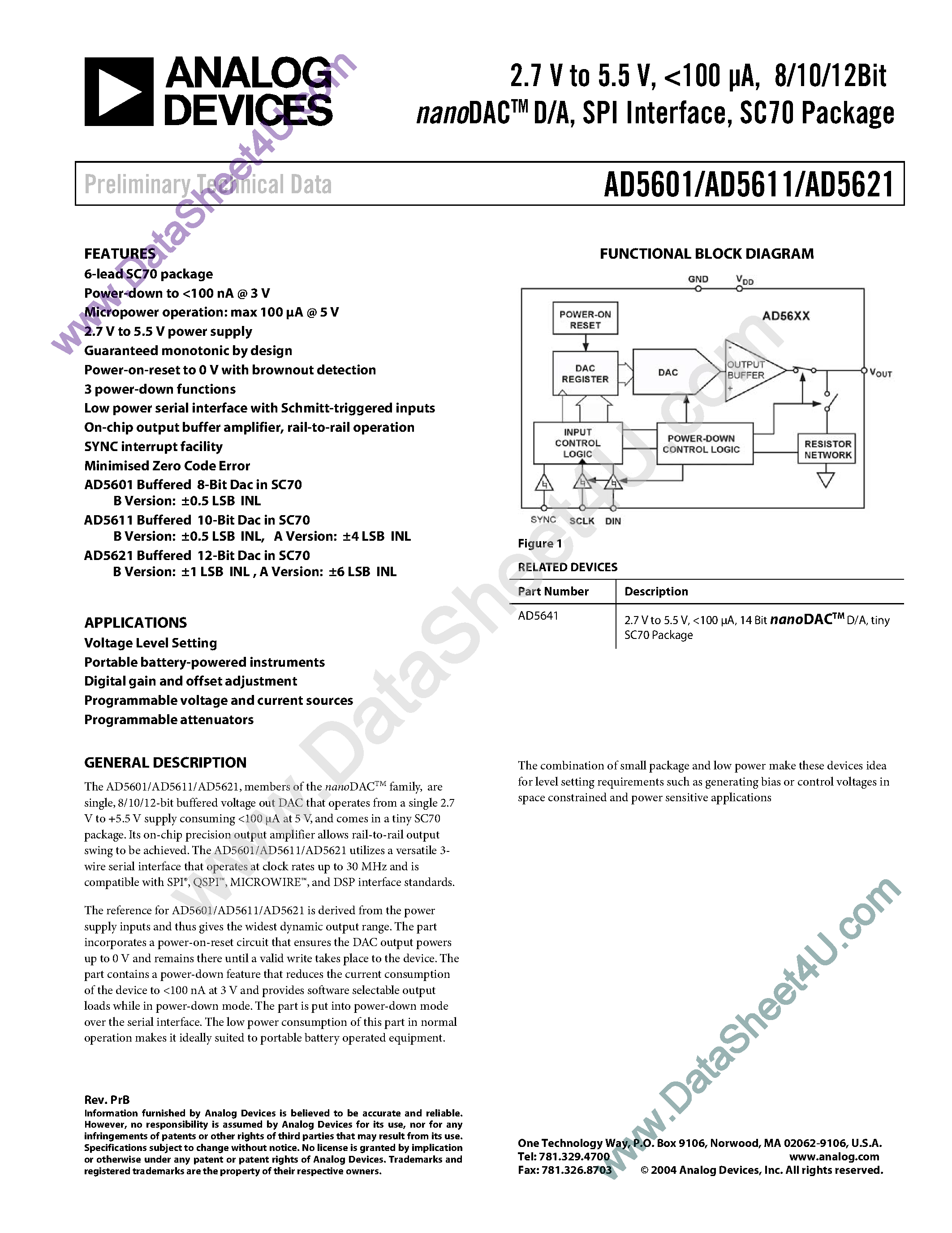 Даташит на микросхему AD5601 страница 1 Даташит AD5601 - (AD5601 - AD5621) SPI Interface / SC70 Package / nanoDAC D/A страница 1