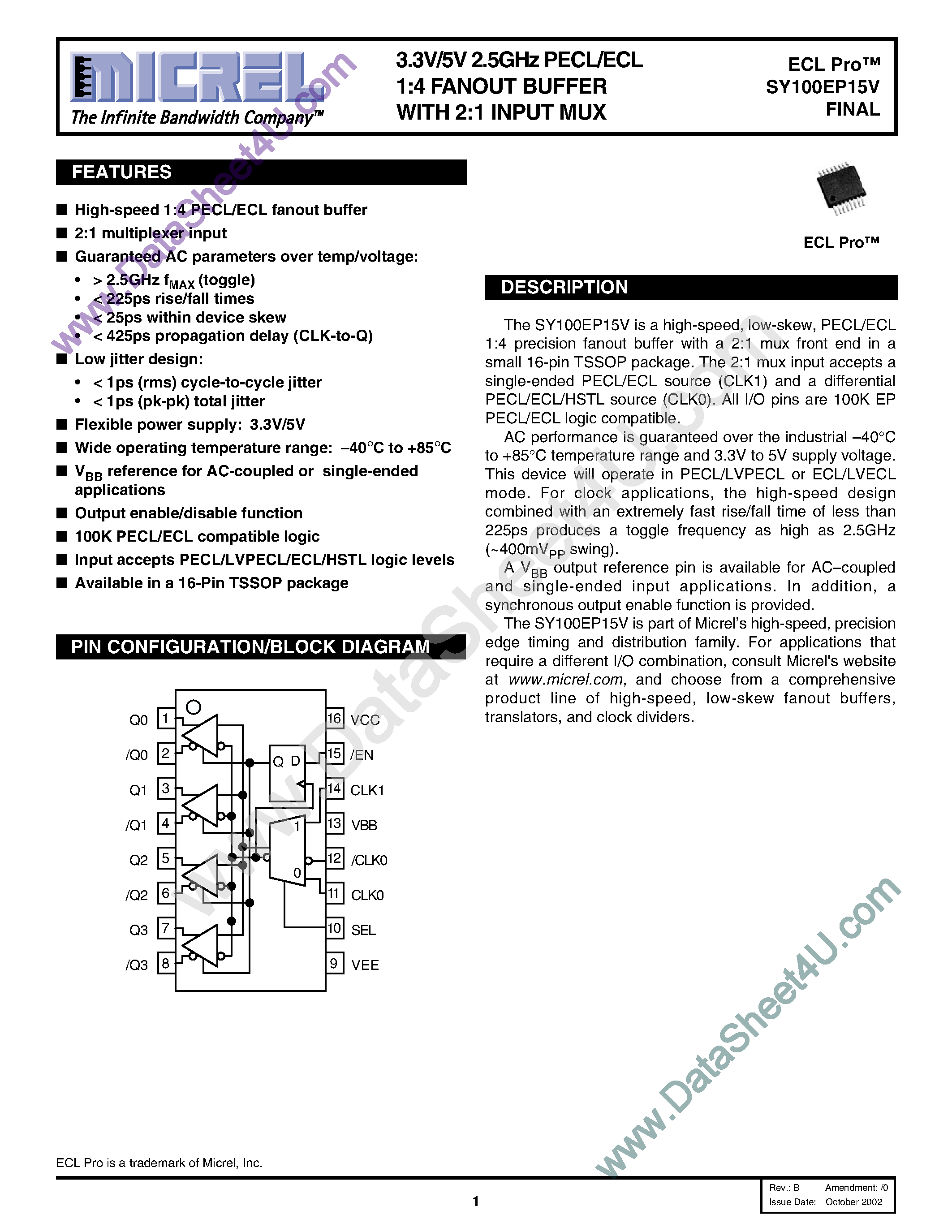 Даташит на микросхему SY100EP15V страница 1 Даташит SY100EP15V - 3.3V/5V 2.5Ghz PECL/ECL 1:4 Fanout Buffer страница 1