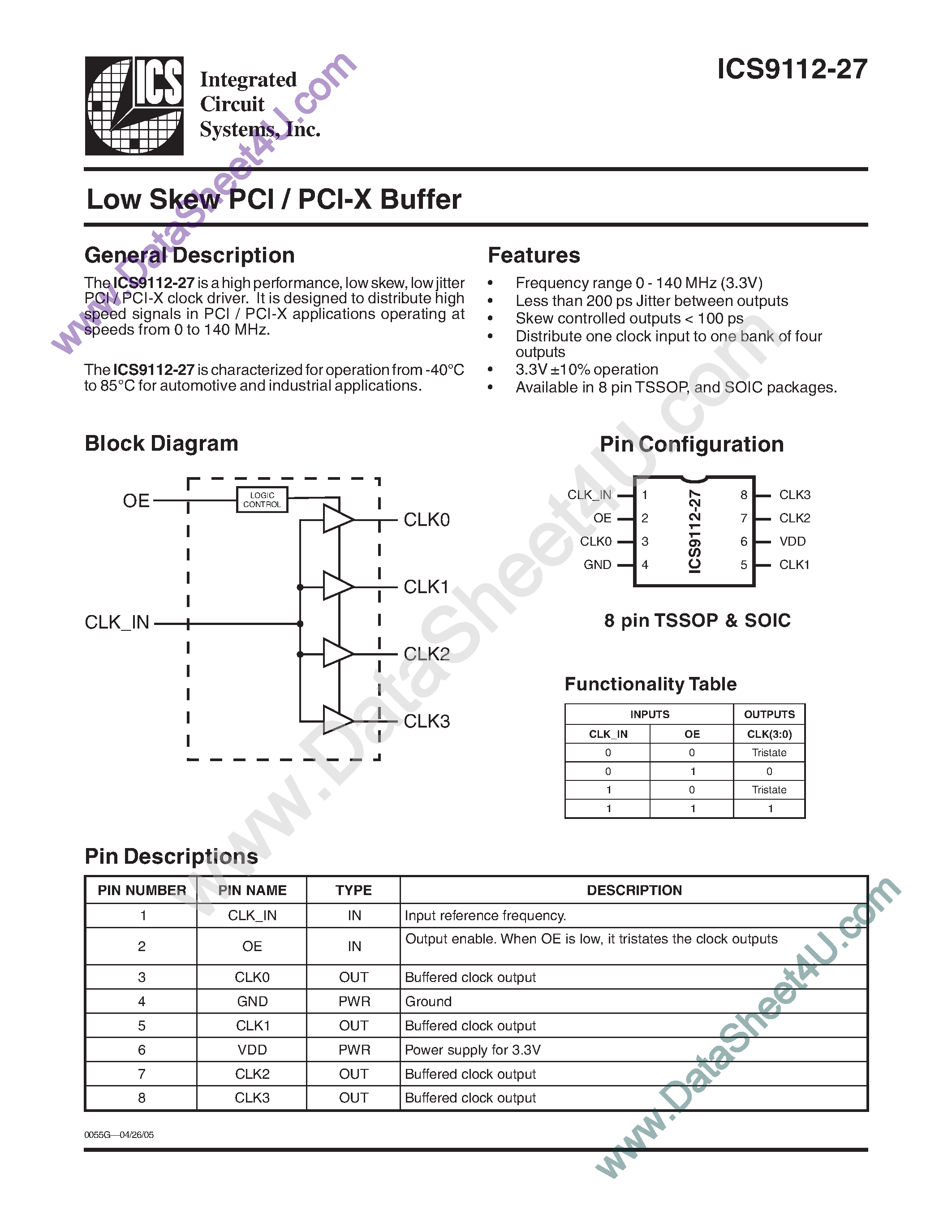 Даташит ICS9112-27 - Low Skew PCI/PCI-X Buffer страница 1