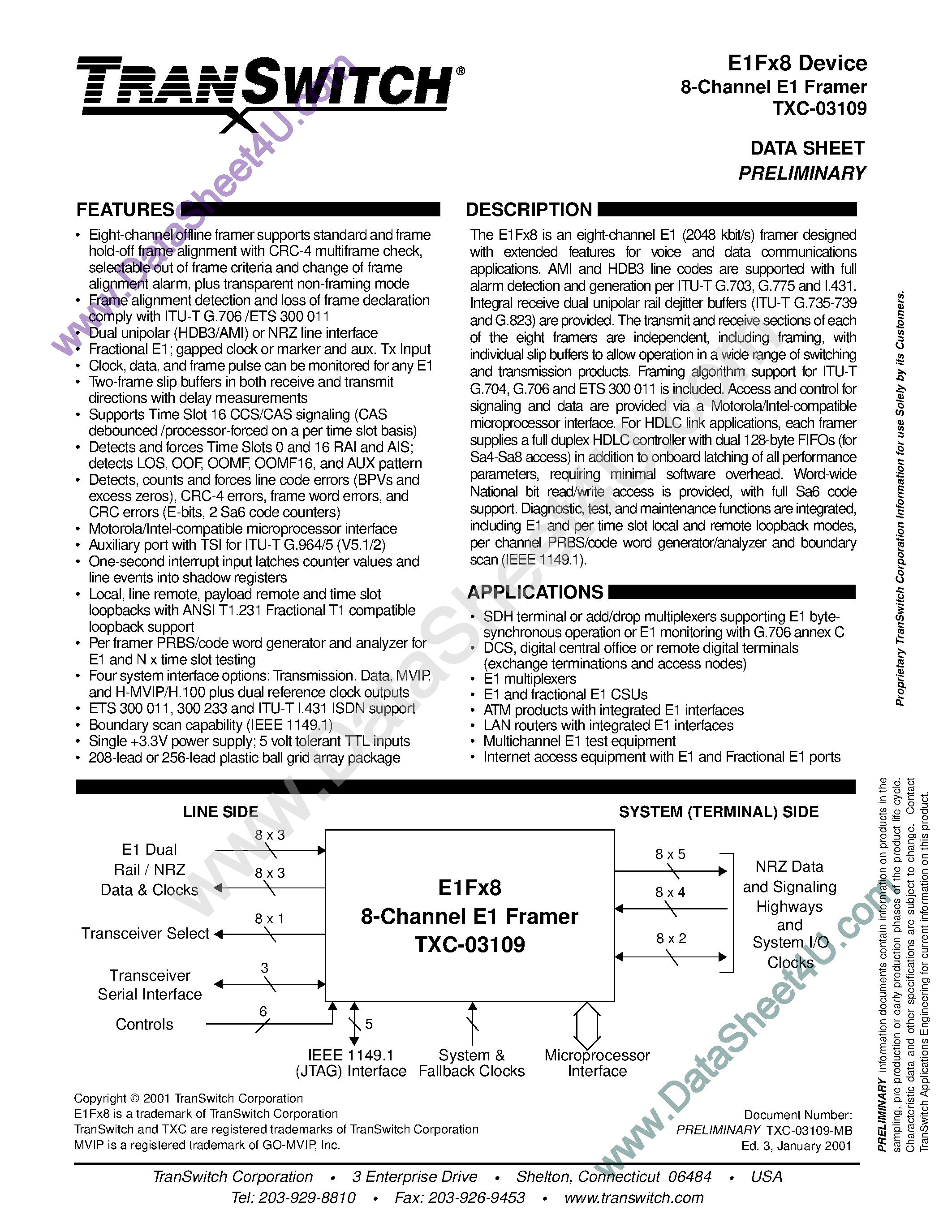 Даташит TXC-03109 - 8-Channel E1 Framer страница 1
