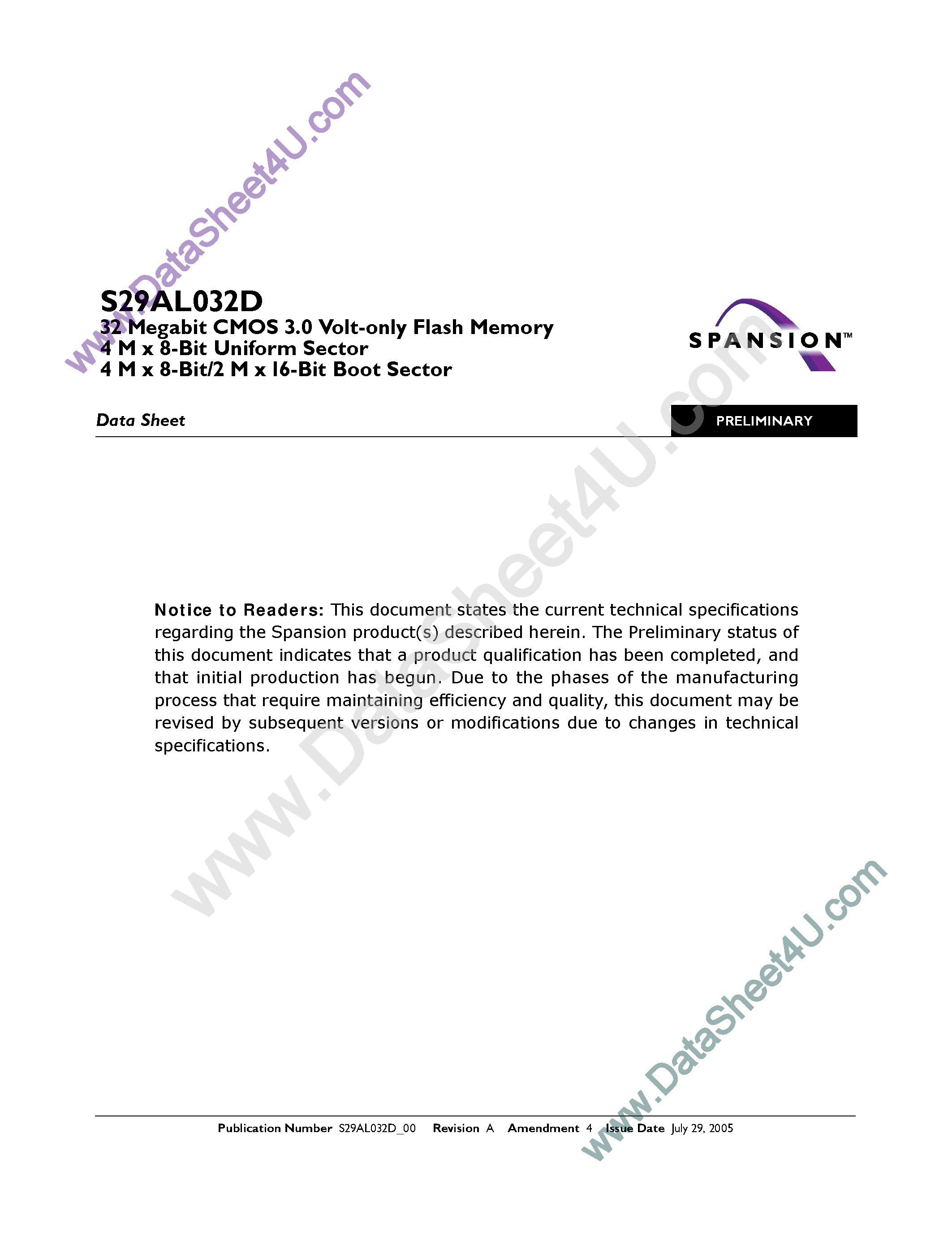 Datasheet S29AL032D - 32 Megabit CMOS 3.0 Volt-only Flash Memory page 1