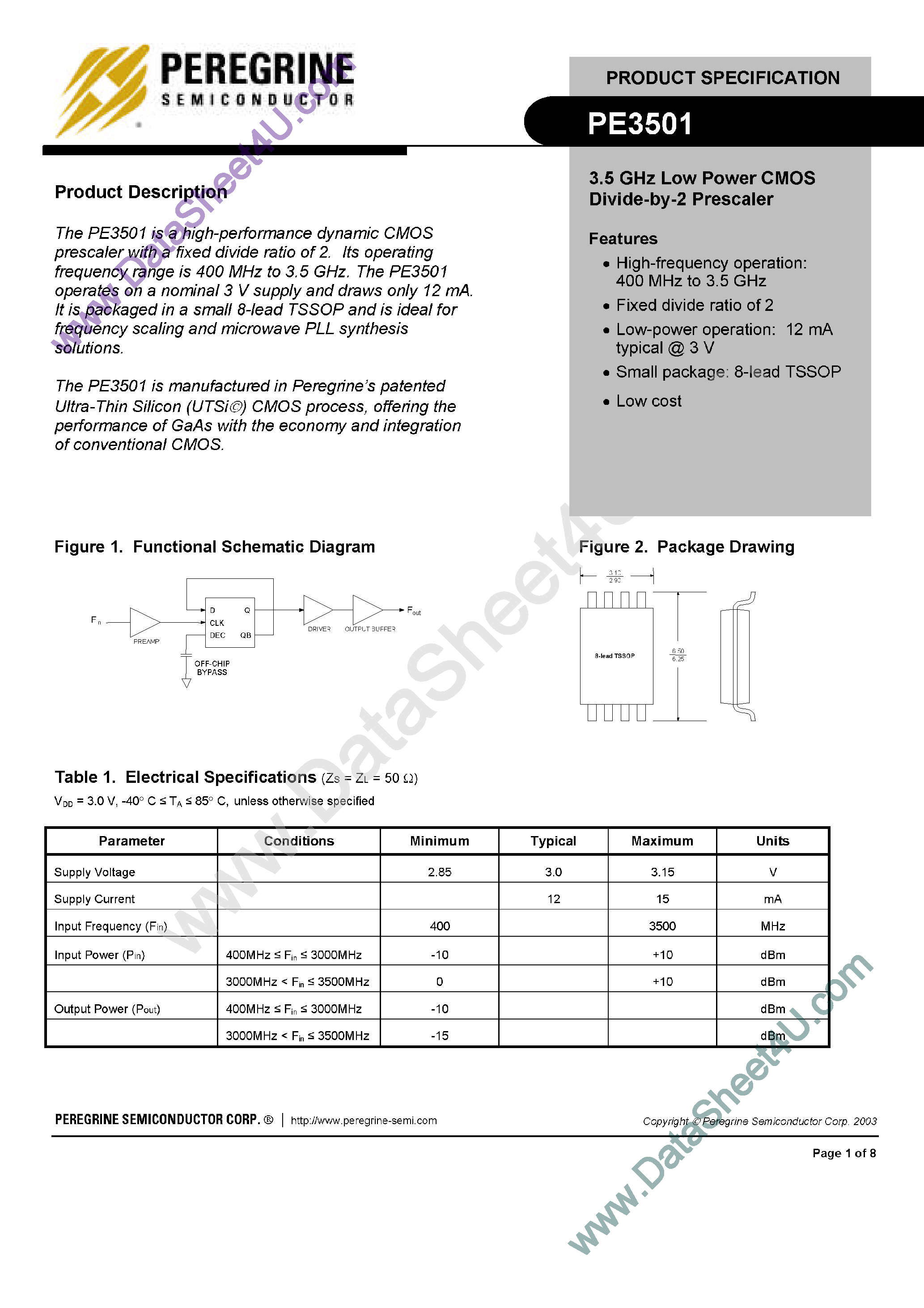 Datasheet PE3501 - Low Power CMOS Divide by 2 Prescaler page 1