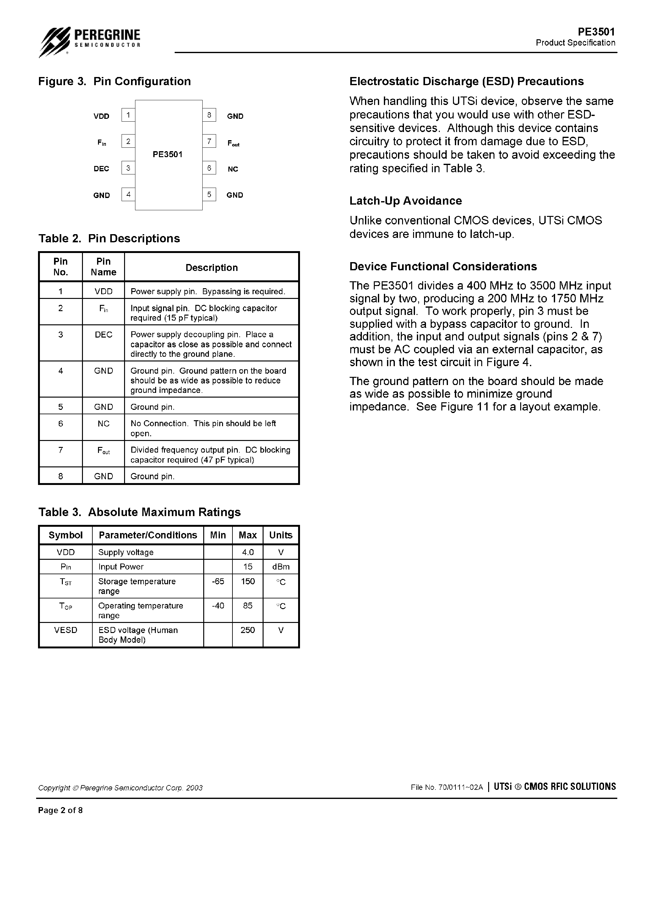 Datasheet PE3501 - Low Power CMOS Divide by 2 Prescaler page 2