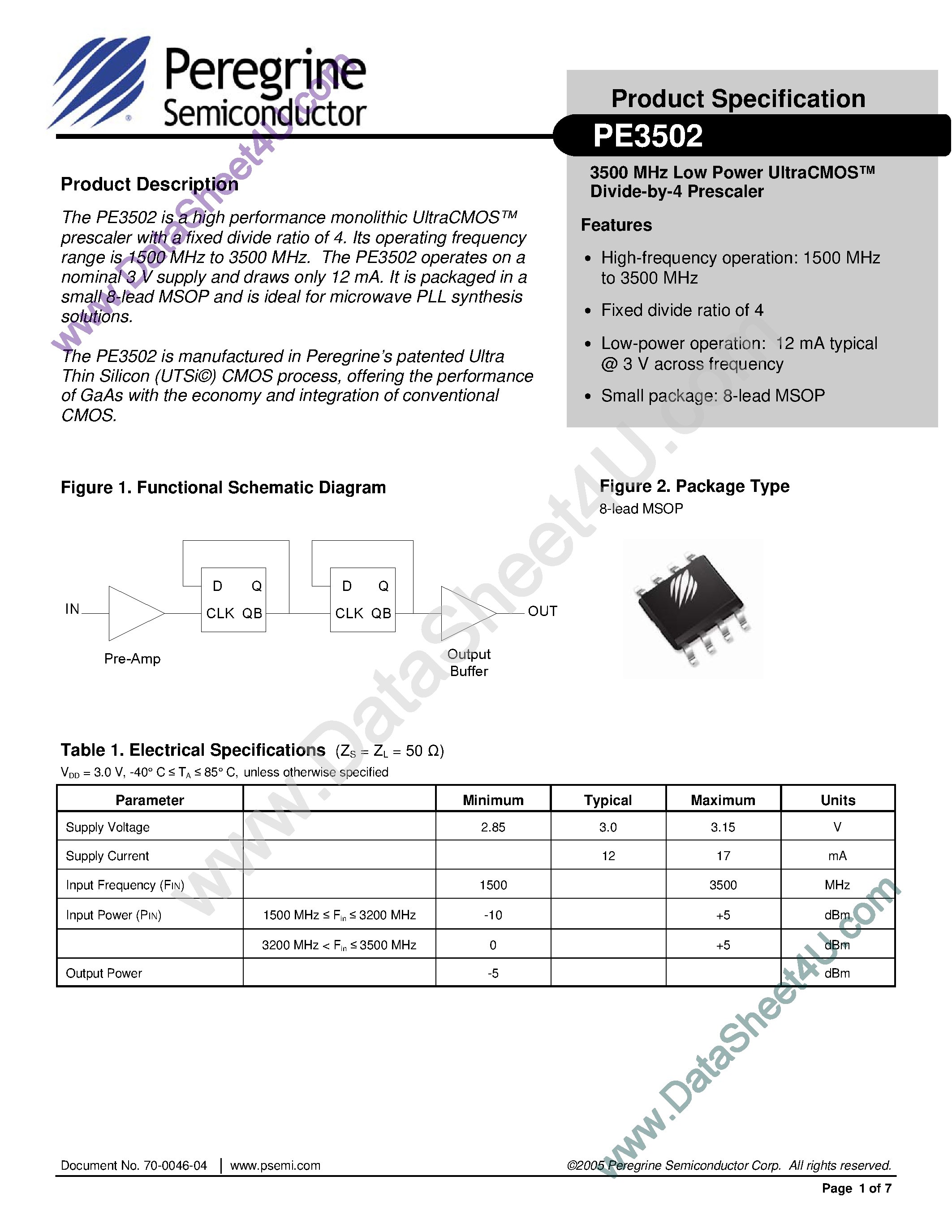 Datasheet PE3502 - Low Power CMOS Divide by 4 Prescaler page 1