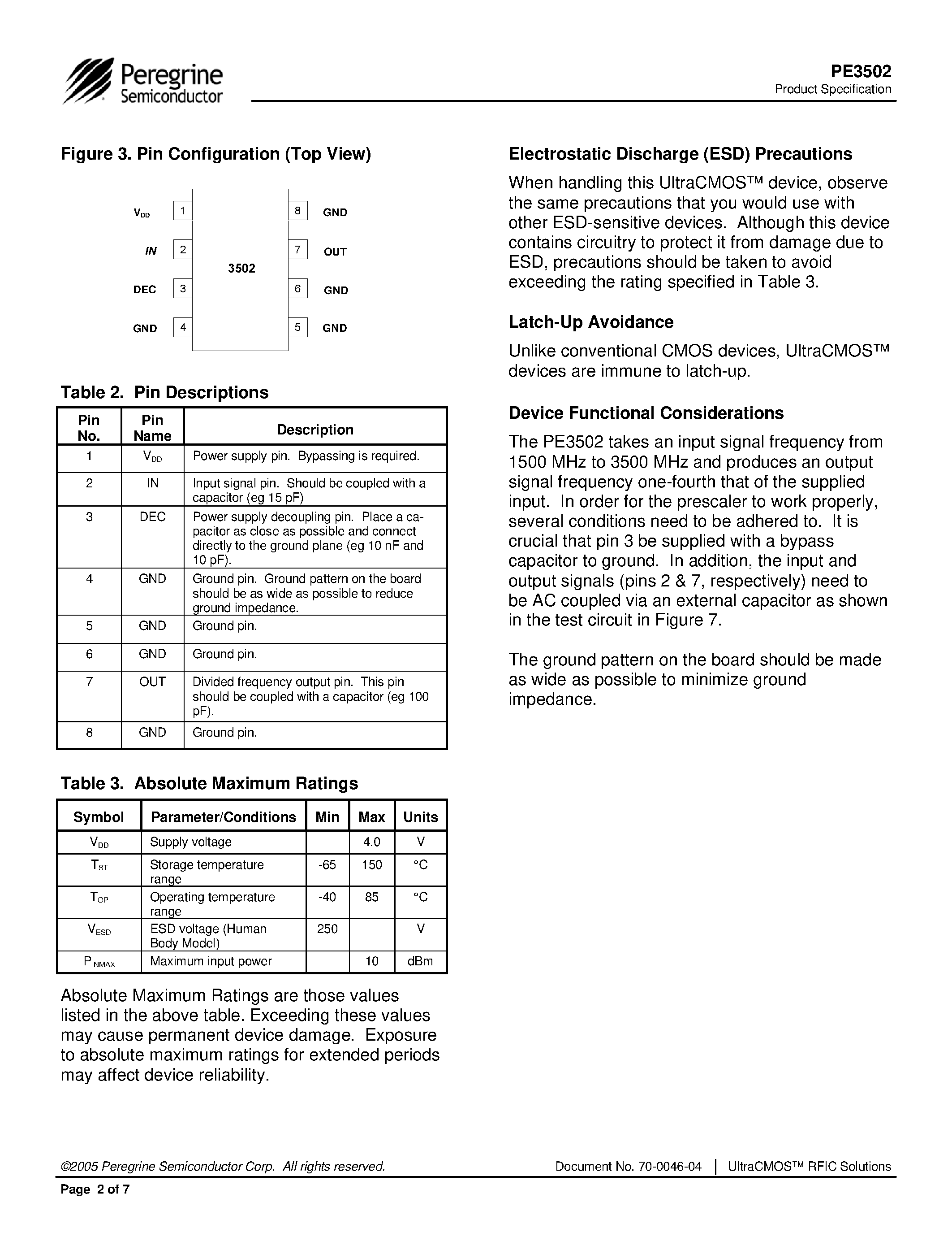 Datasheet PE3502 - Low Power CMOS Divide by 4 Prescaler page 2