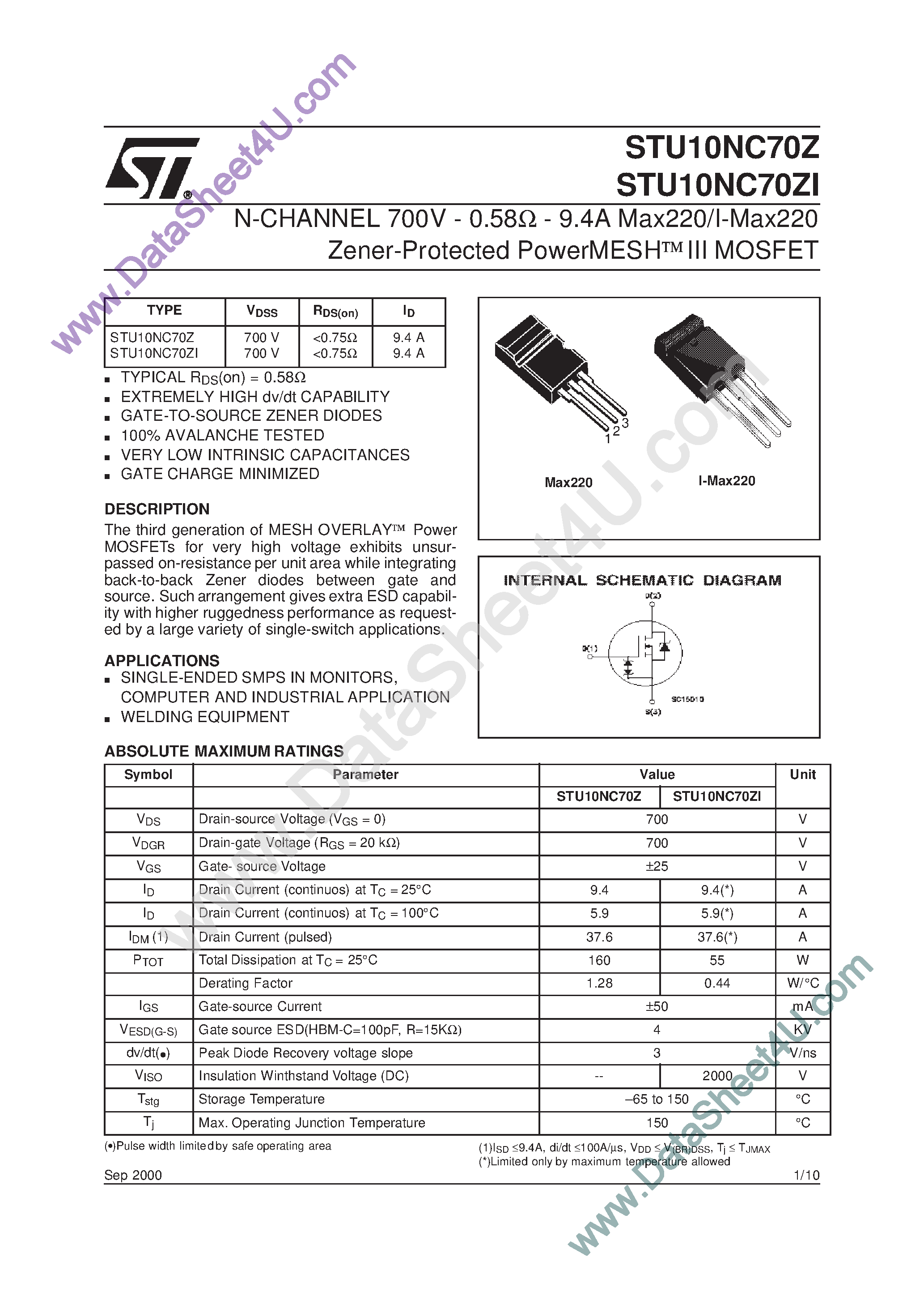 Даташит на микросхему STU10NC70Z страница 1 Даташит STU10NC70Z - N-Channel MOSFET страница 1
