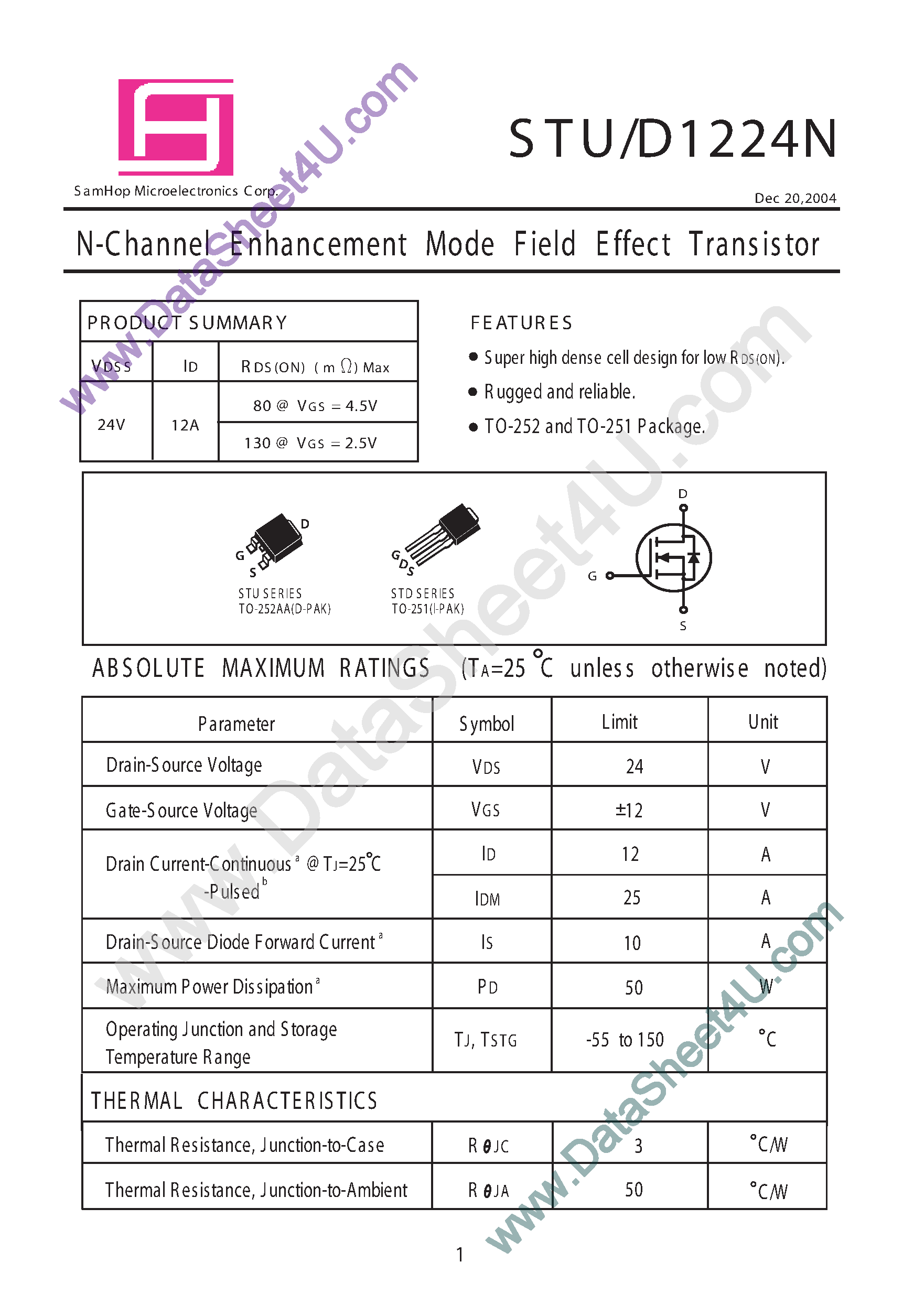 Даташит на микросхему STU1224N страница 1 Даташит STU1224N - N-Channel Enhancement Mode Field Effect Transistor страница 1