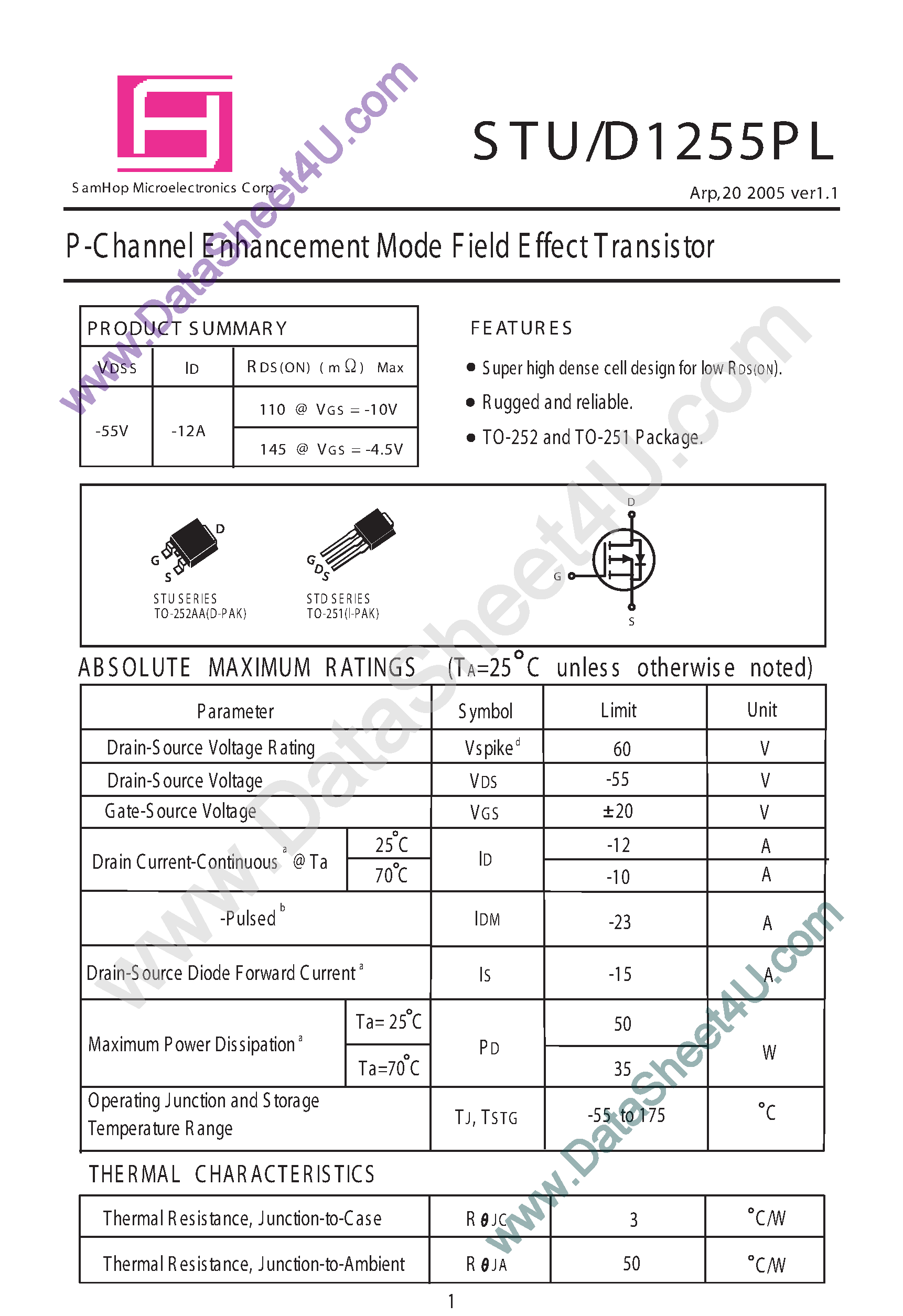 Даташит на микросхему STU1225PL страница 1 Даташит STU1225PL - P-Channel Enhancement Mode Field Effect Transistor страница 1