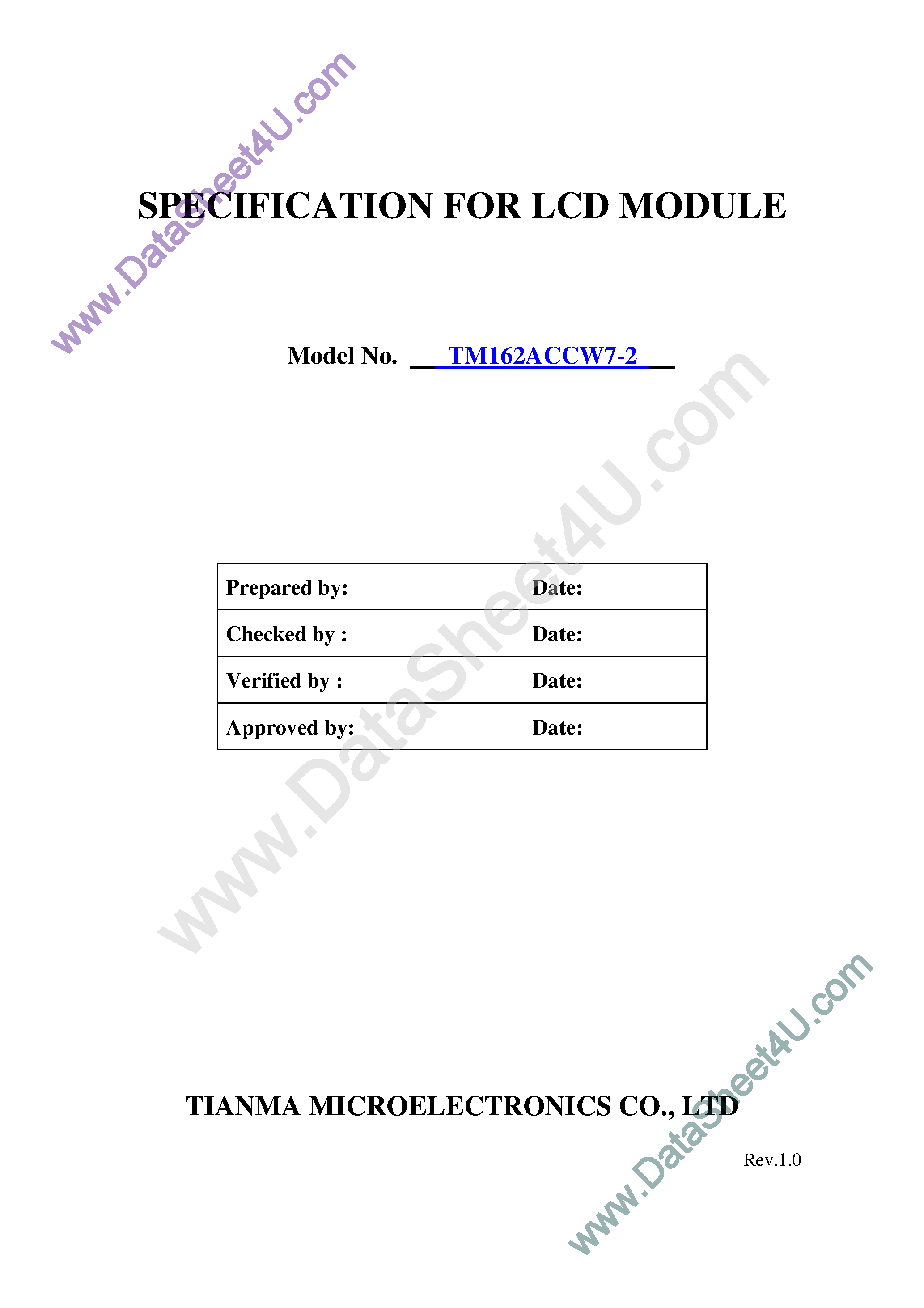Datasheet TM162ACCW7-2 SPECS - LCD_Module page 1
