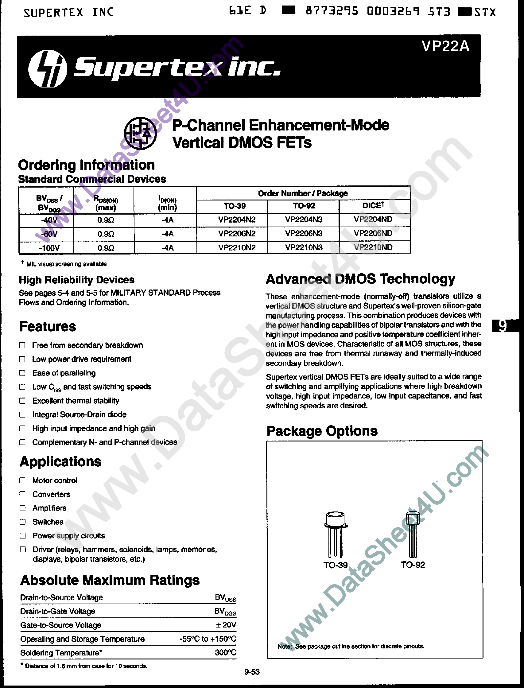 Даташит VP2204N2 - (VP220xxx) P-Channel Enhancement Mode Vertical DMOS FETs страница 1