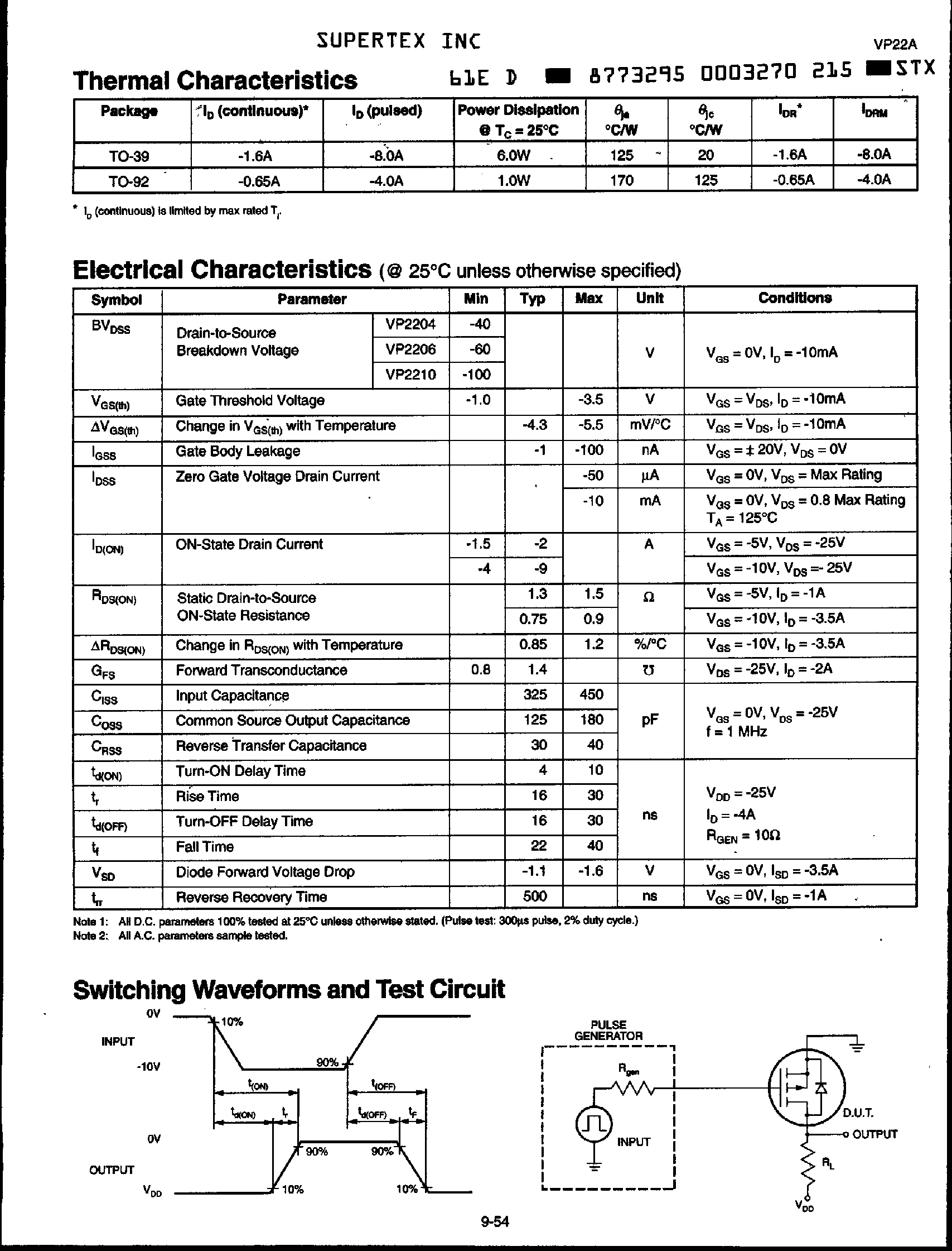 Даташит VP2204N2 - (VP220xxx) P-Channel Enhancement Mode Vertical DMOS FETs страница 2