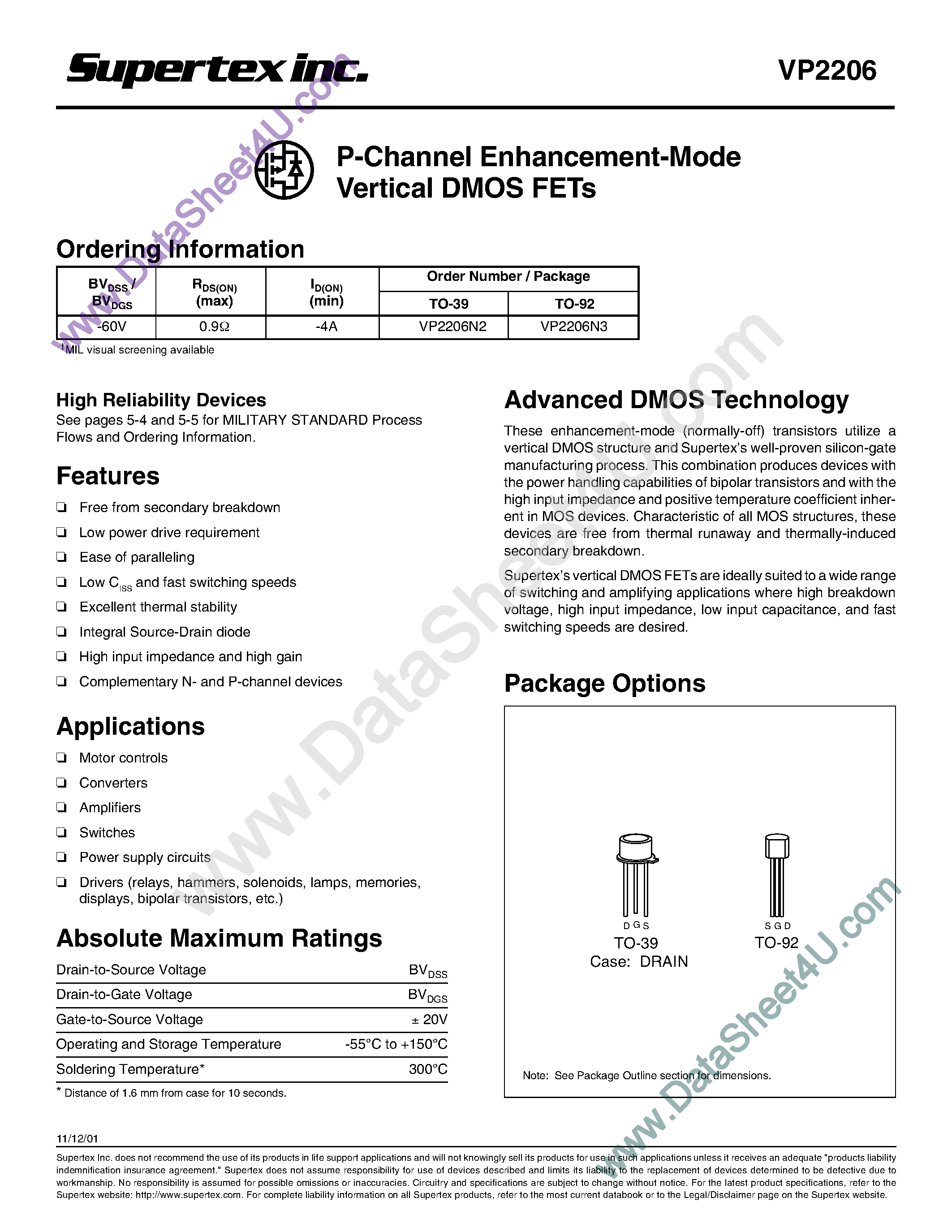 Datasheet VP2206 - P-Channel Enhancement Mode Vertical DMOS FETs page 1
