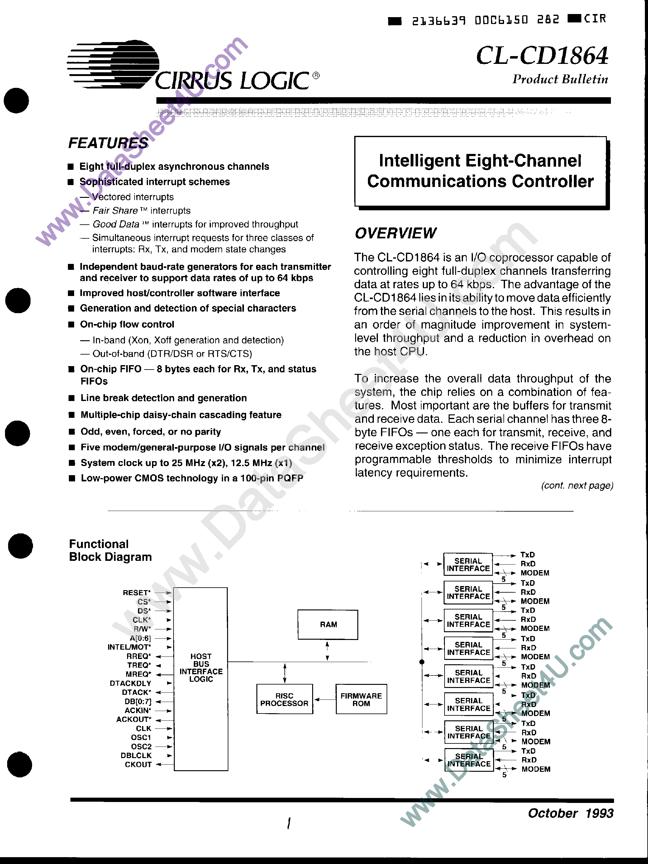 Datasheet CL-CD1864 page 1 Datasheet CL-CD1864 - Intelligent 8-Channel Communications Controller page 1