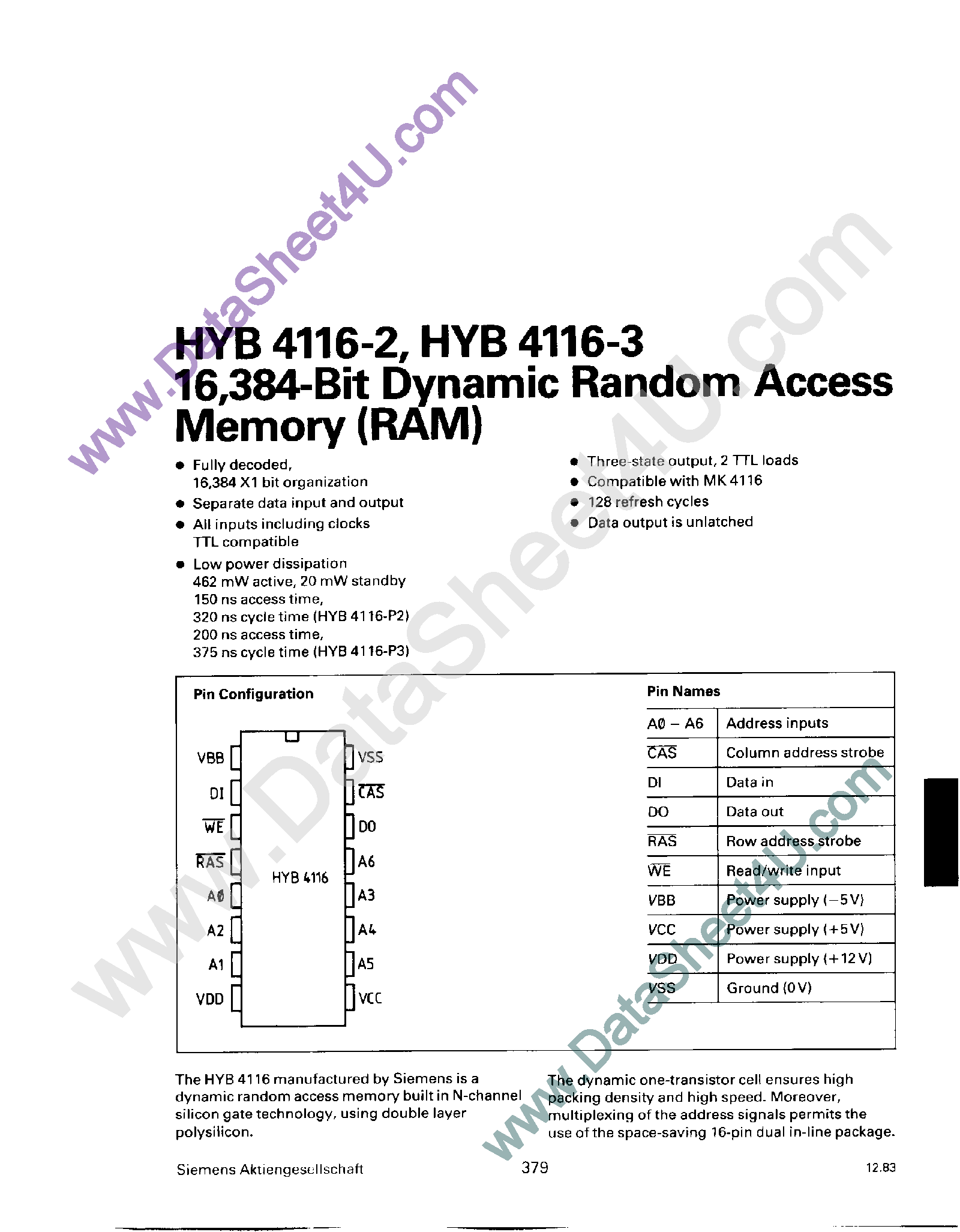 Даташит на микросхему HYB4116-3 страница 1 Даташит HYB4116-3 - (HYB4116-2/-3) 16384-Bit DRAM страница 1