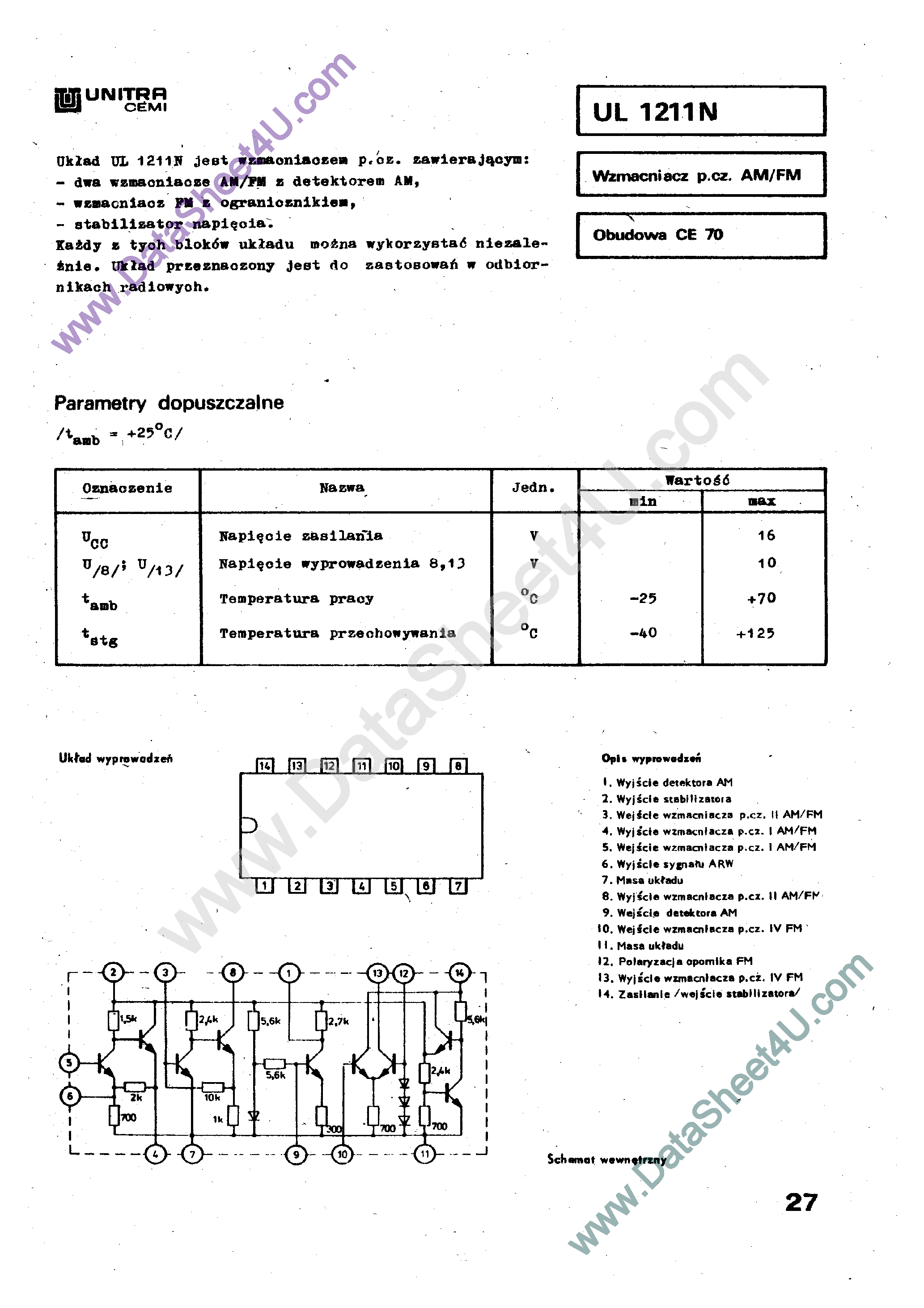 Datasheet UL1211N - Wzmacniacz p.cz. AM-FM page 1