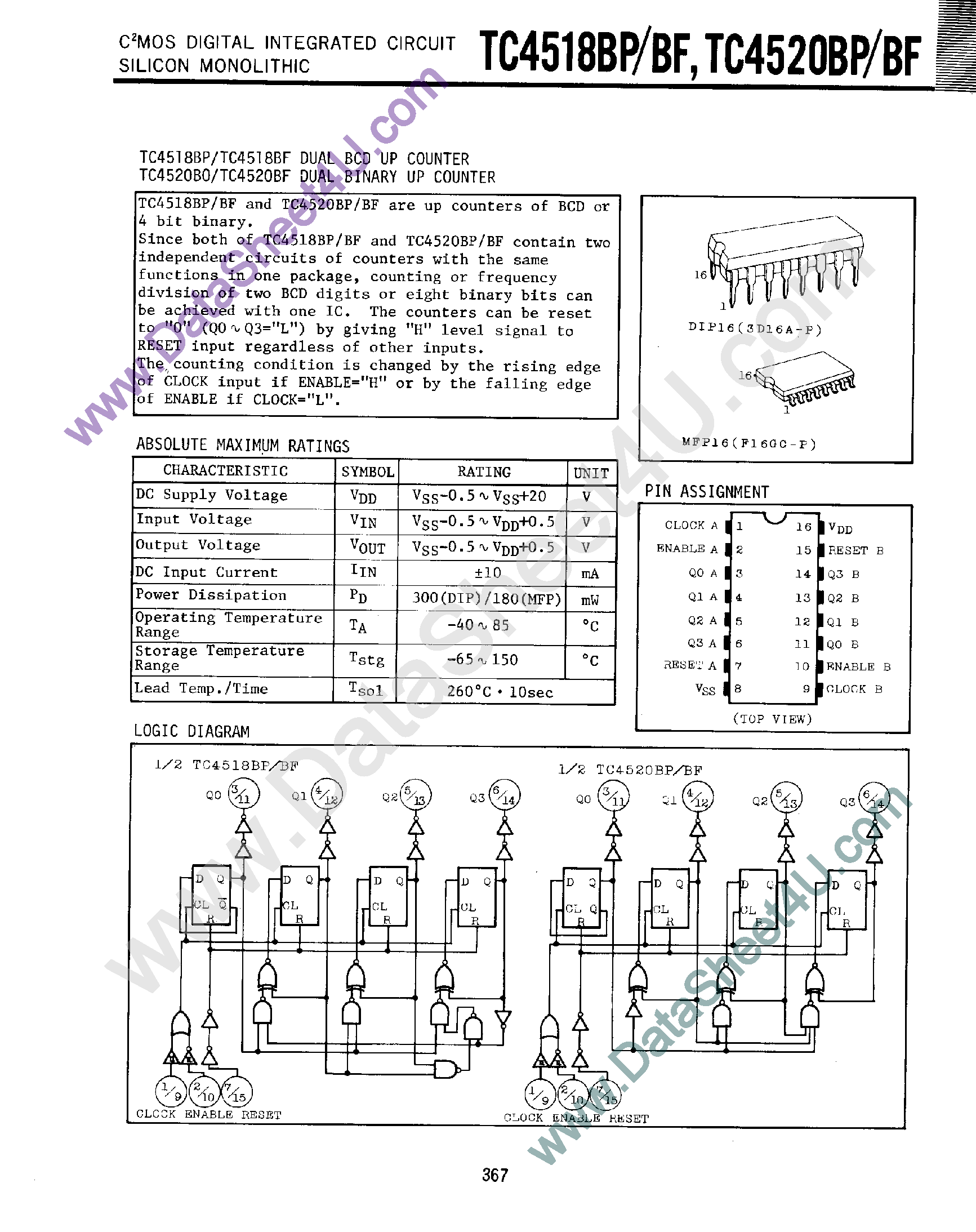 Datasheet TC4518BF - (TC4518 / TC4520) Dual Up Counter page 1