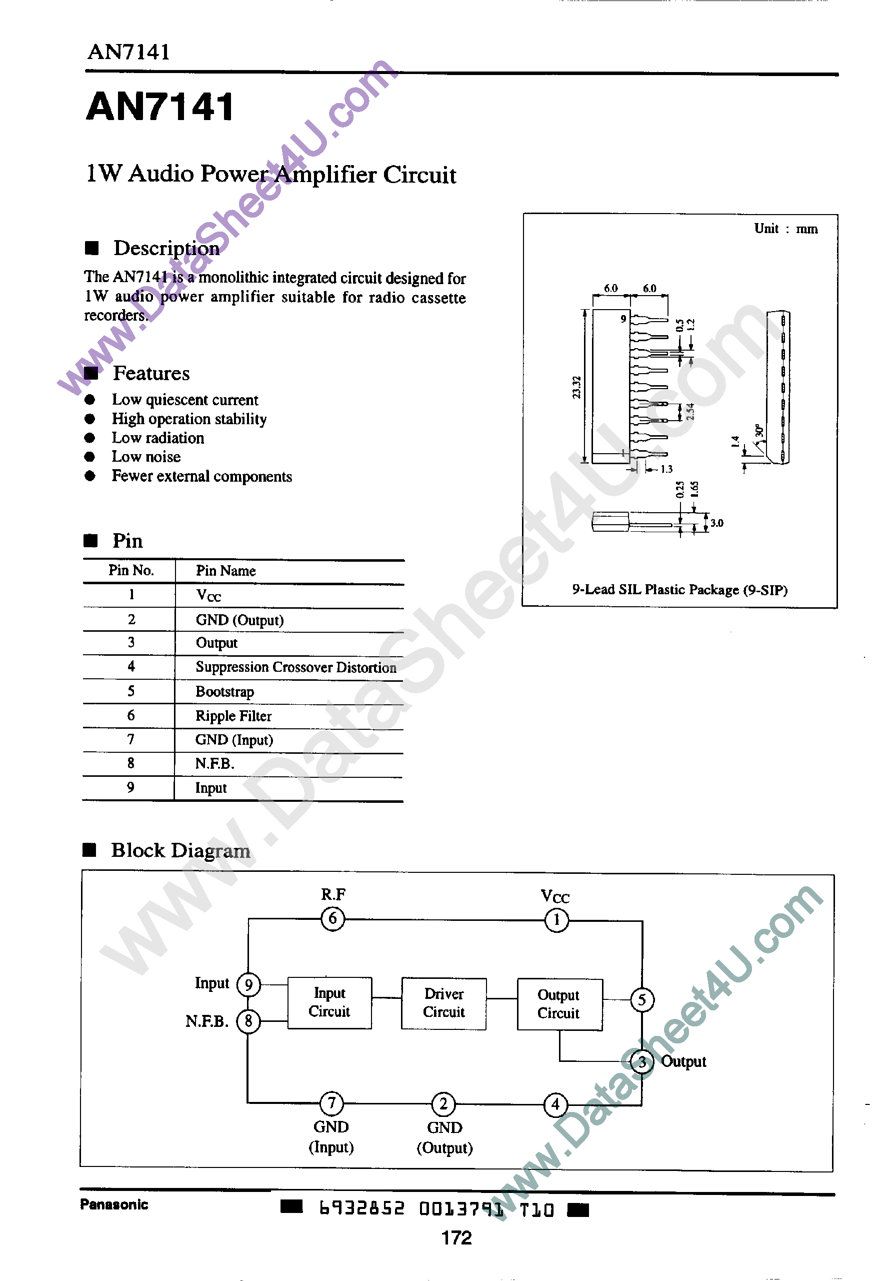 Даташит AN7141 - 1W Audio Power Amplifier Circuit страница 1