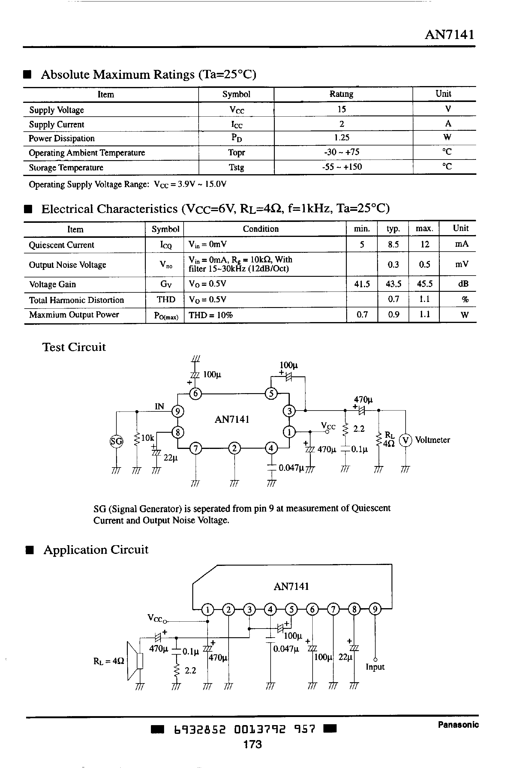 Даташит AN7141 - 1W Audio Power Amplifier Circuit страница 2