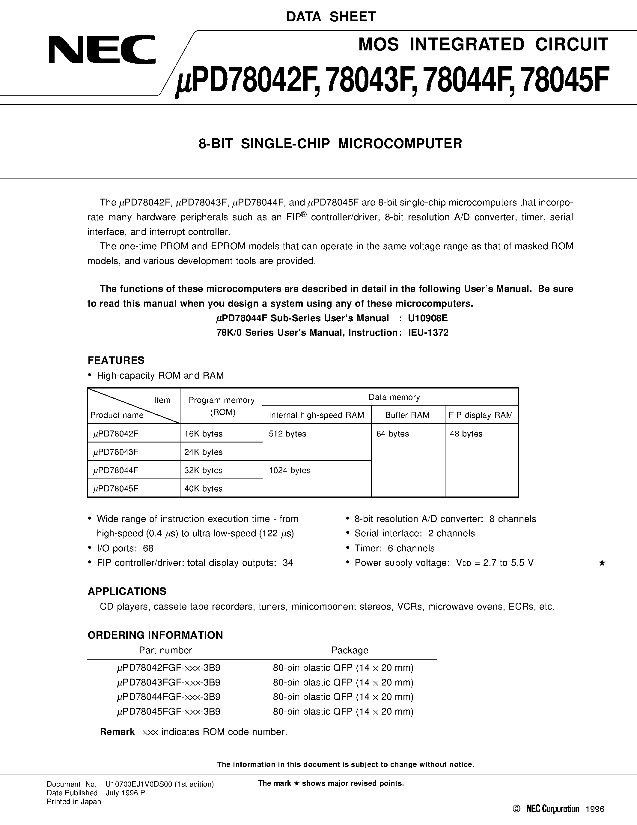 Даташит UPD78042F - (UPD78042F-UPD78045F) 8 Bit Single-Chip Microcomputer страница 1