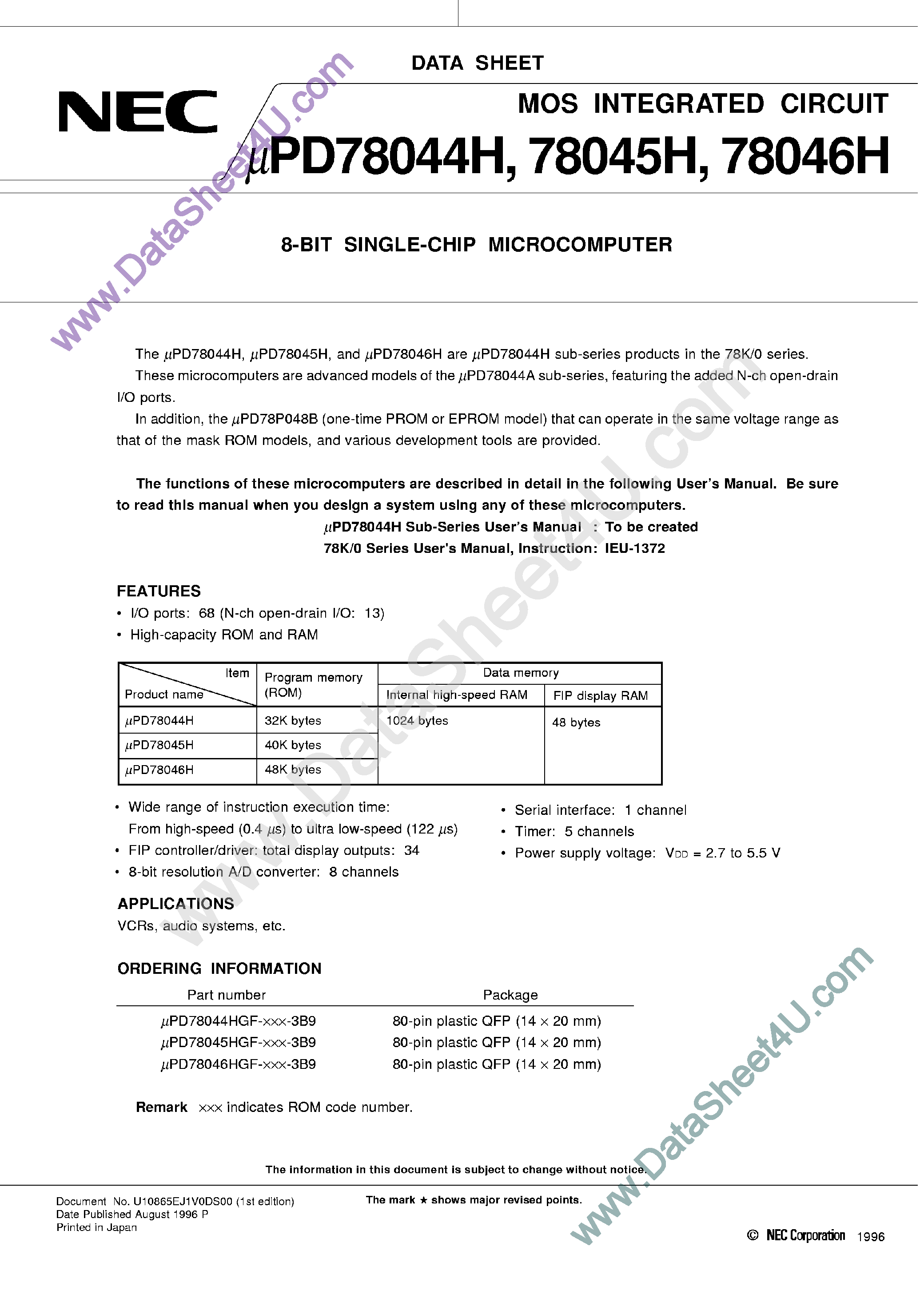 Даташит UPD78044H - (UPD78044H - UPD78046H) 8-Bit Single-Chip Microcomputer страница 1