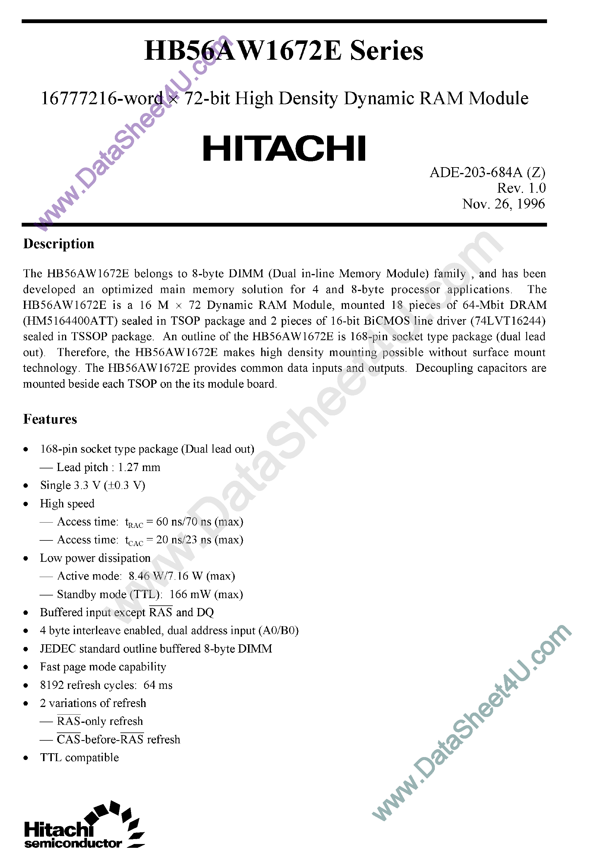 Даташит HB56AW1672E - 16777216 Word x 72-Bit High Density DRAM Module страница 1
