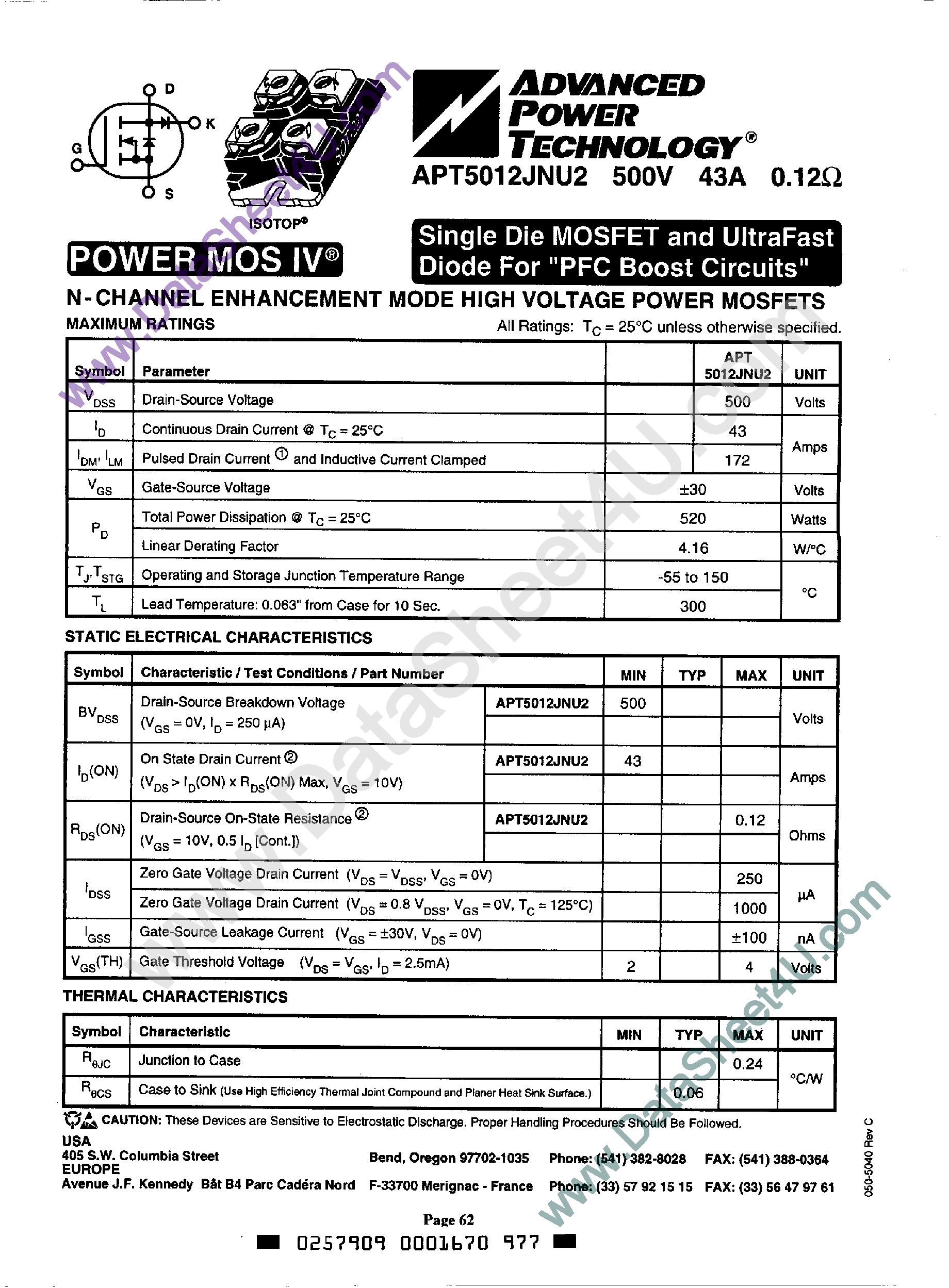 Datasheet APT5012JNU2 - N-Channel Enhancement Mode High Voltage Power MOSFETs page 1