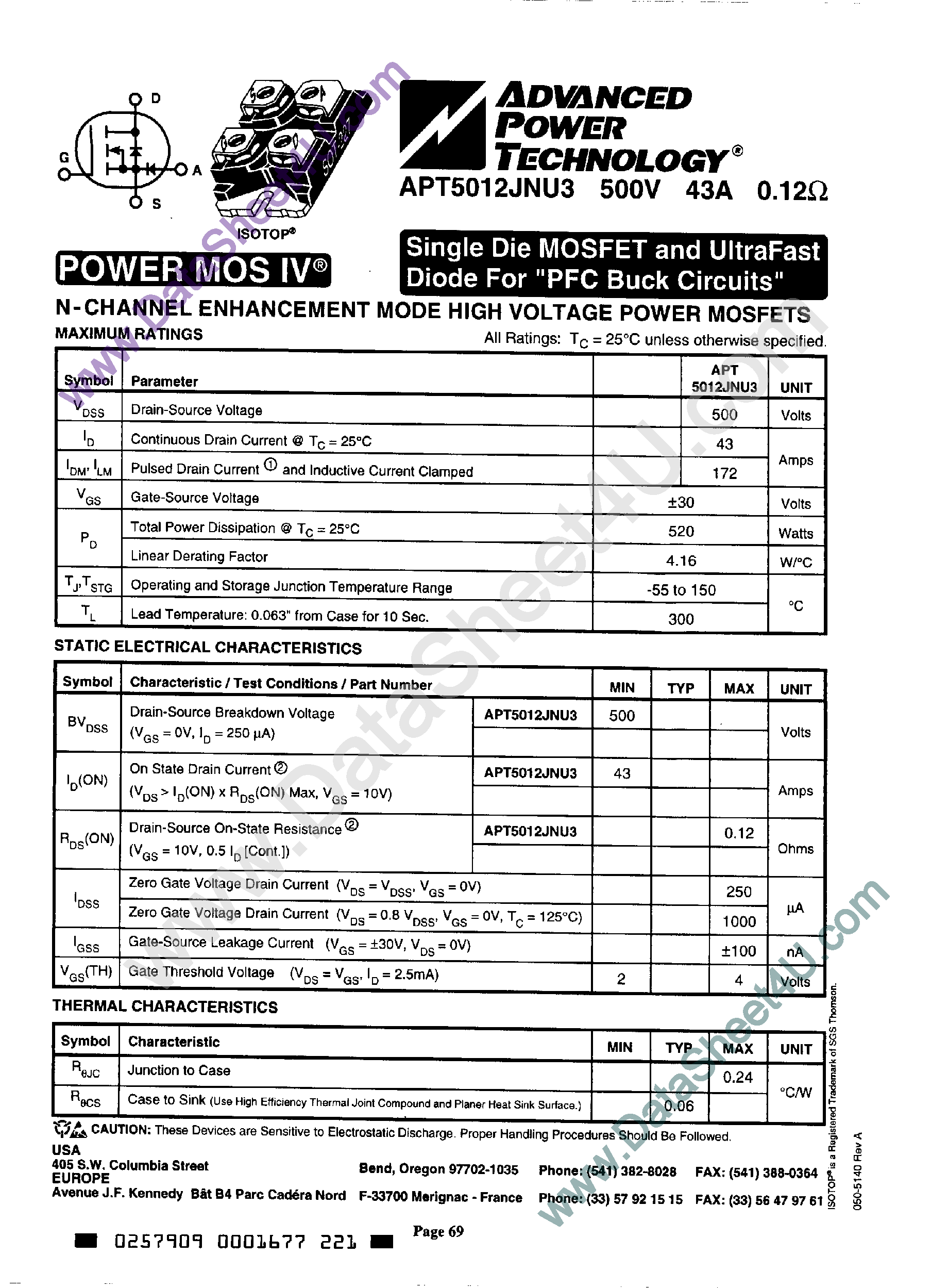 Datasheet APT5012JNU3 - N-Channel Enhancement Mode High Voltage Power MOSFETs page 1