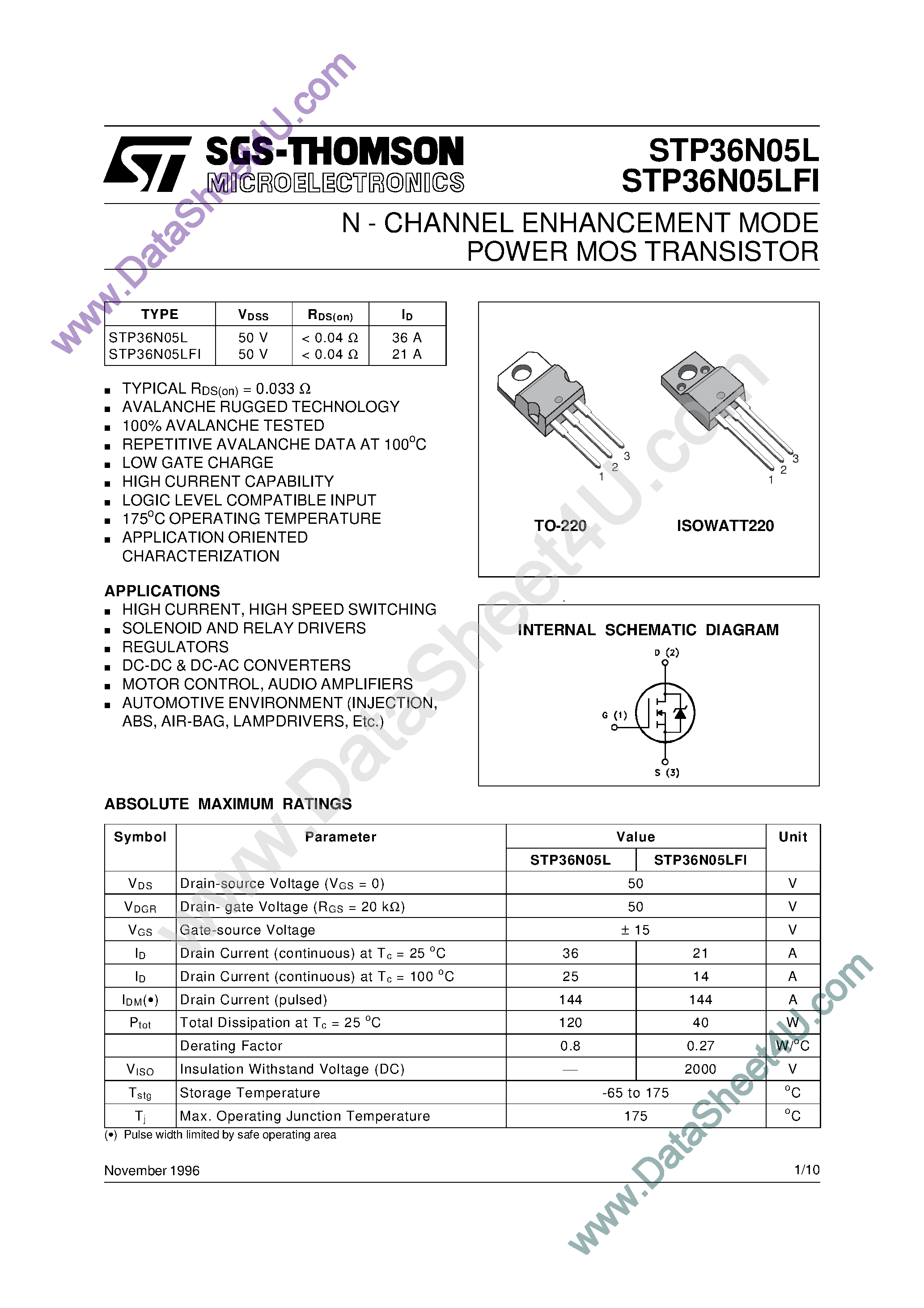 Datasheet STP36N05L - N-CHANNEL MOSFET TRANSISTOR page 1