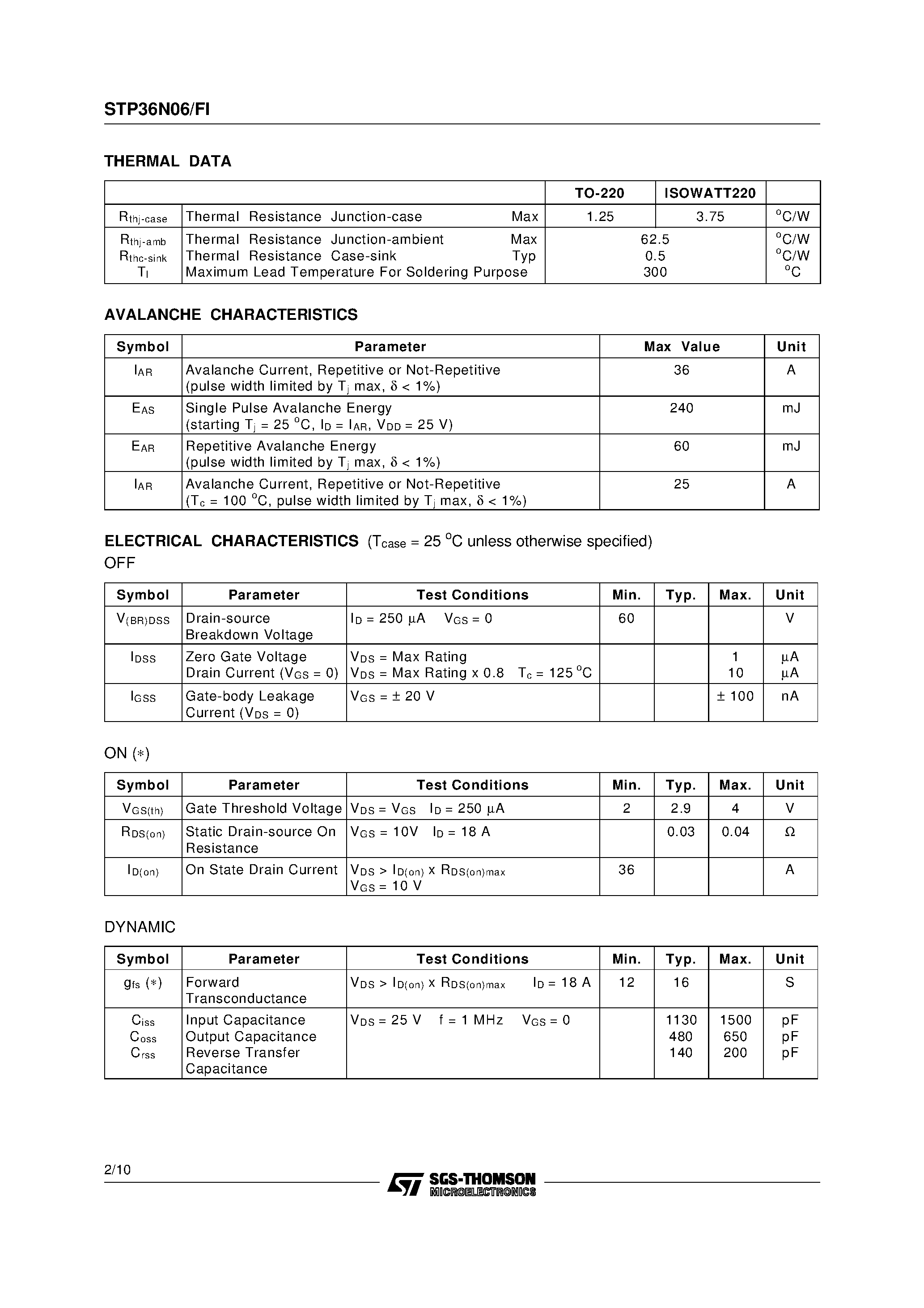 Datasheet STP36N06 - N-CHANNEL MOSFET TRANSISTOR page 2
