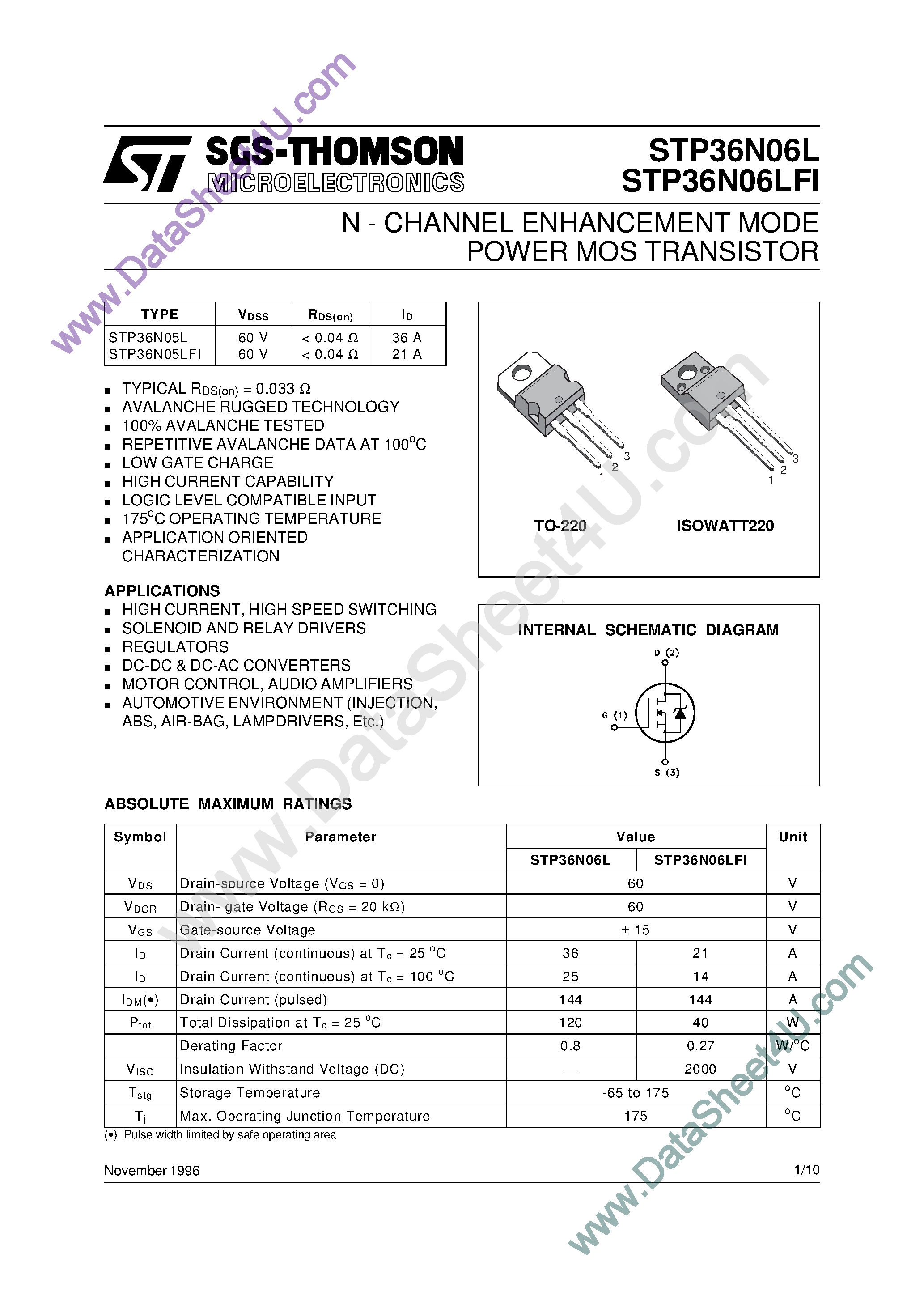 Datasheet STP36N06LFI - N-CHANNEL MOSFET TRANSISTOR page 1