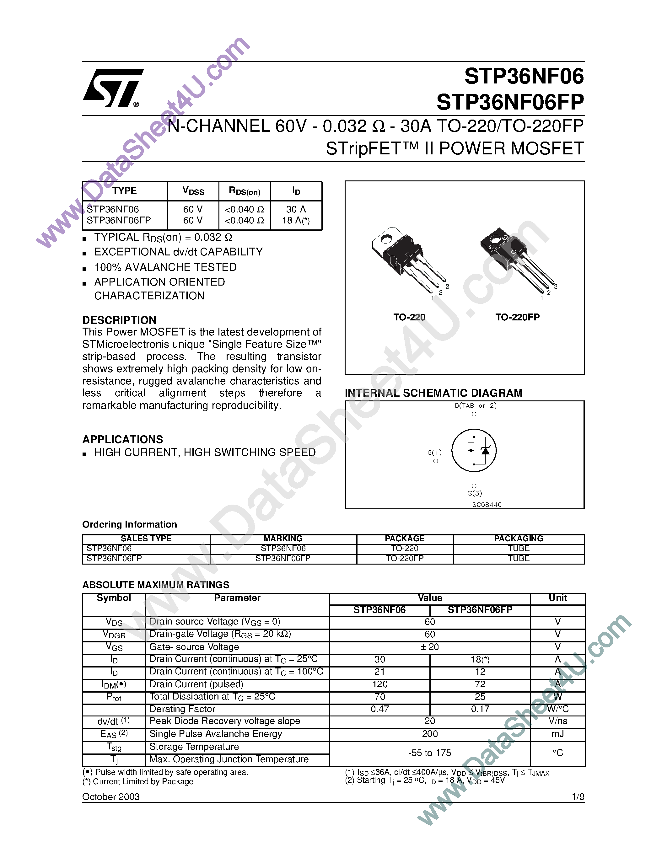 Datasheet STP36NF06 page 1 Datasheet STP36NF06 - N-CHANNEL MOSFET TRANSISTOR page 1