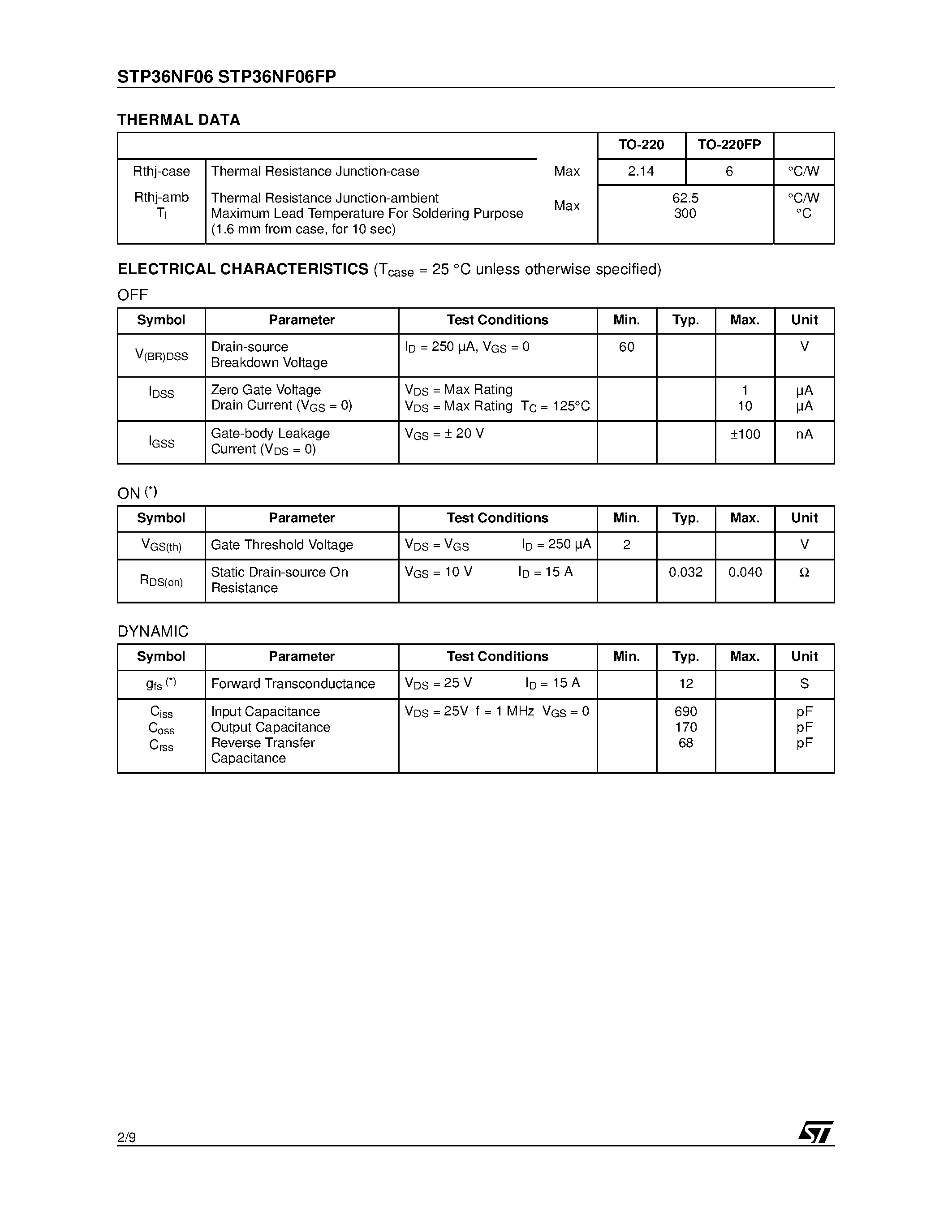 Datasheet STP36NF06 page 2 Datasheet STP36NF06 - N-CHANNEL MOSFET TRANSISTOR page 2