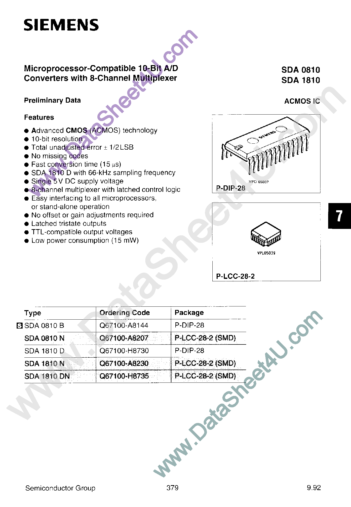 Datasheet SDA0810 - (SDA1810 / SDA0810) Microprocessor Compatible 10-Bit A/D Converters page 1