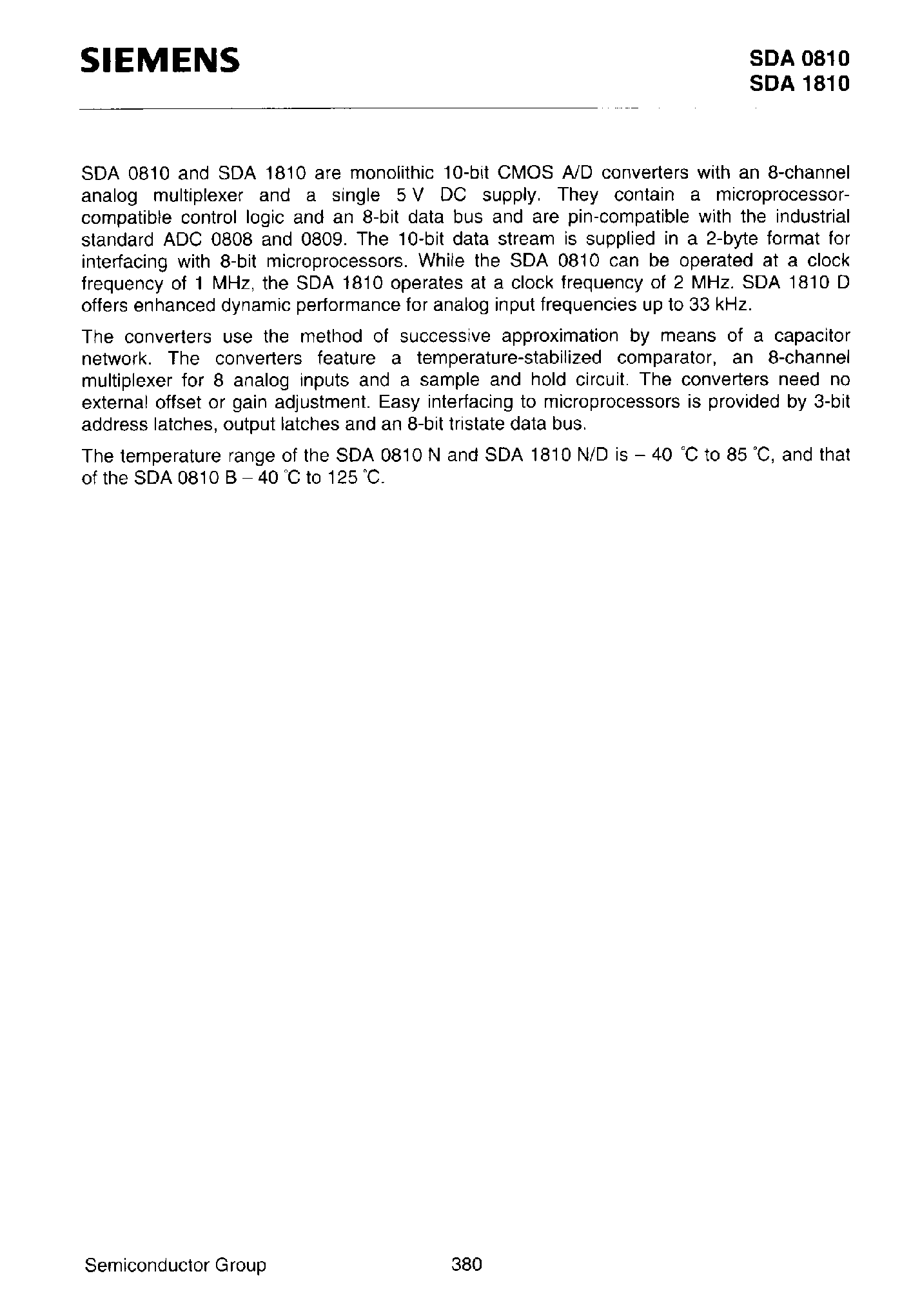 Datasheet SDA0810 - (SDA1810 / SDA0810) Microprocessor Compatible 10-Bit A/D Converters page 2