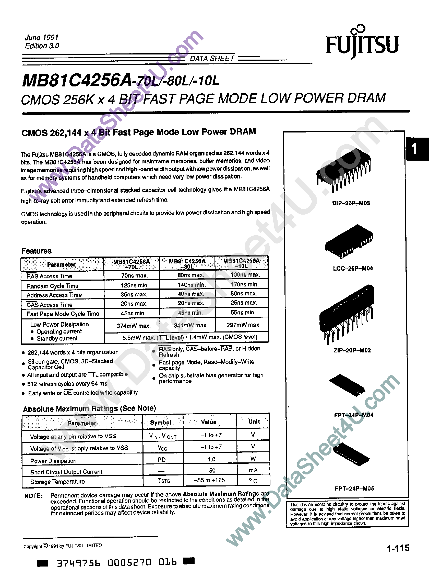 Datasheet MB81C4256A - 256K x 4-Bit Fast Page Mode Low Power DRAM page 1