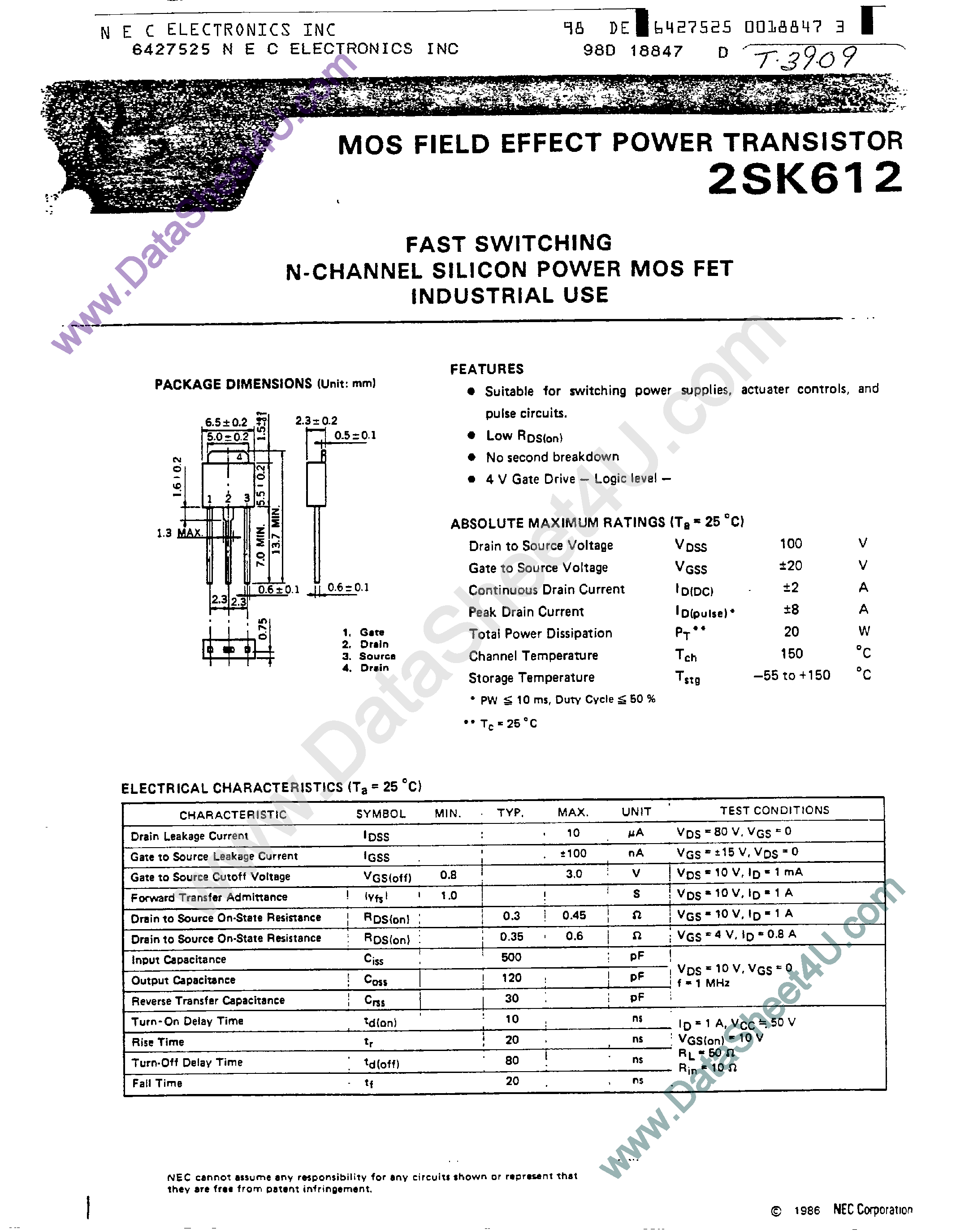 Datasheet 2SK612 - MOS Field Effect Power Transistors page 1