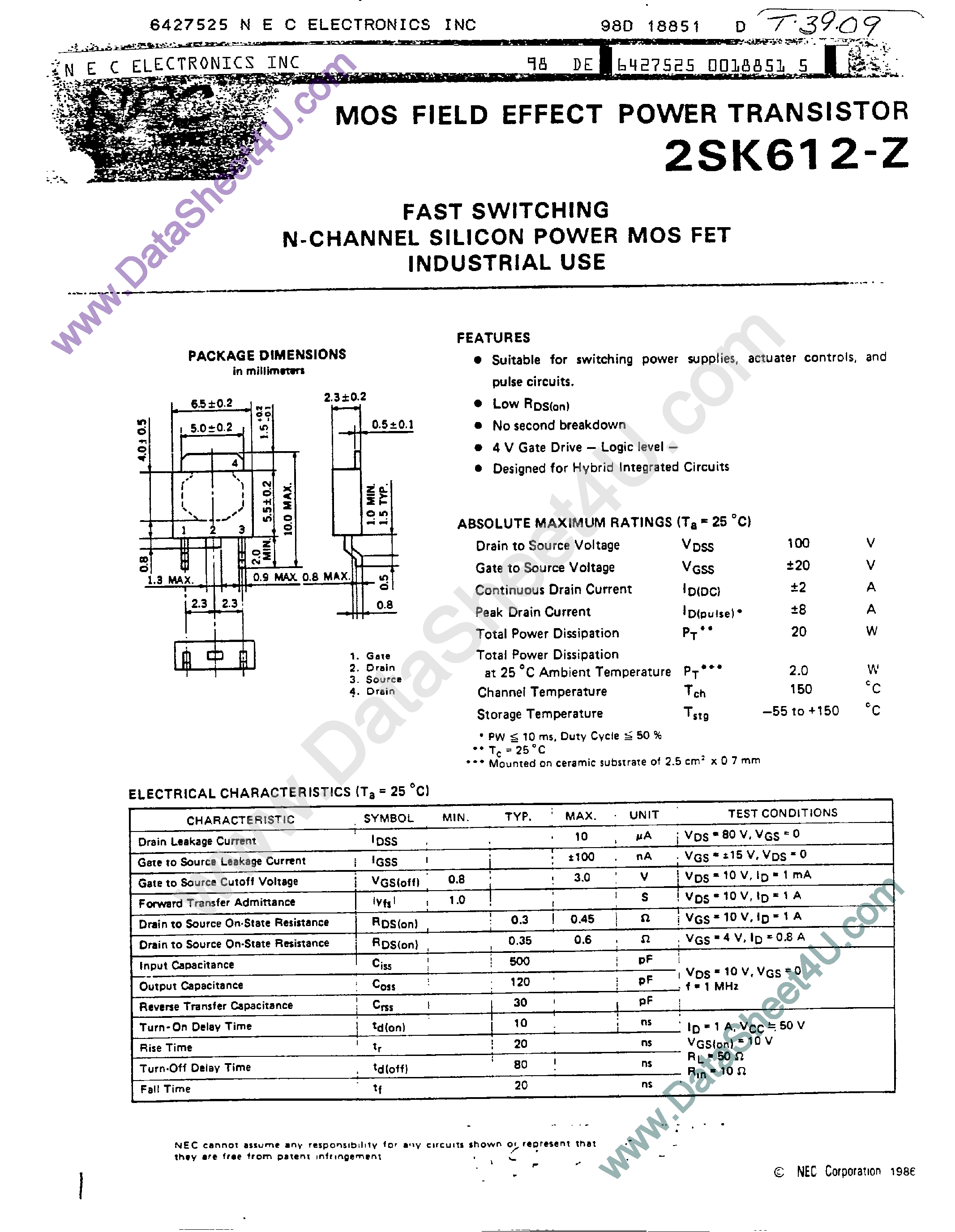 Datasheet 2SK612-Z page 1 Datasheet 2SK612-Z - MOS Field Effect Power Transistors page 1