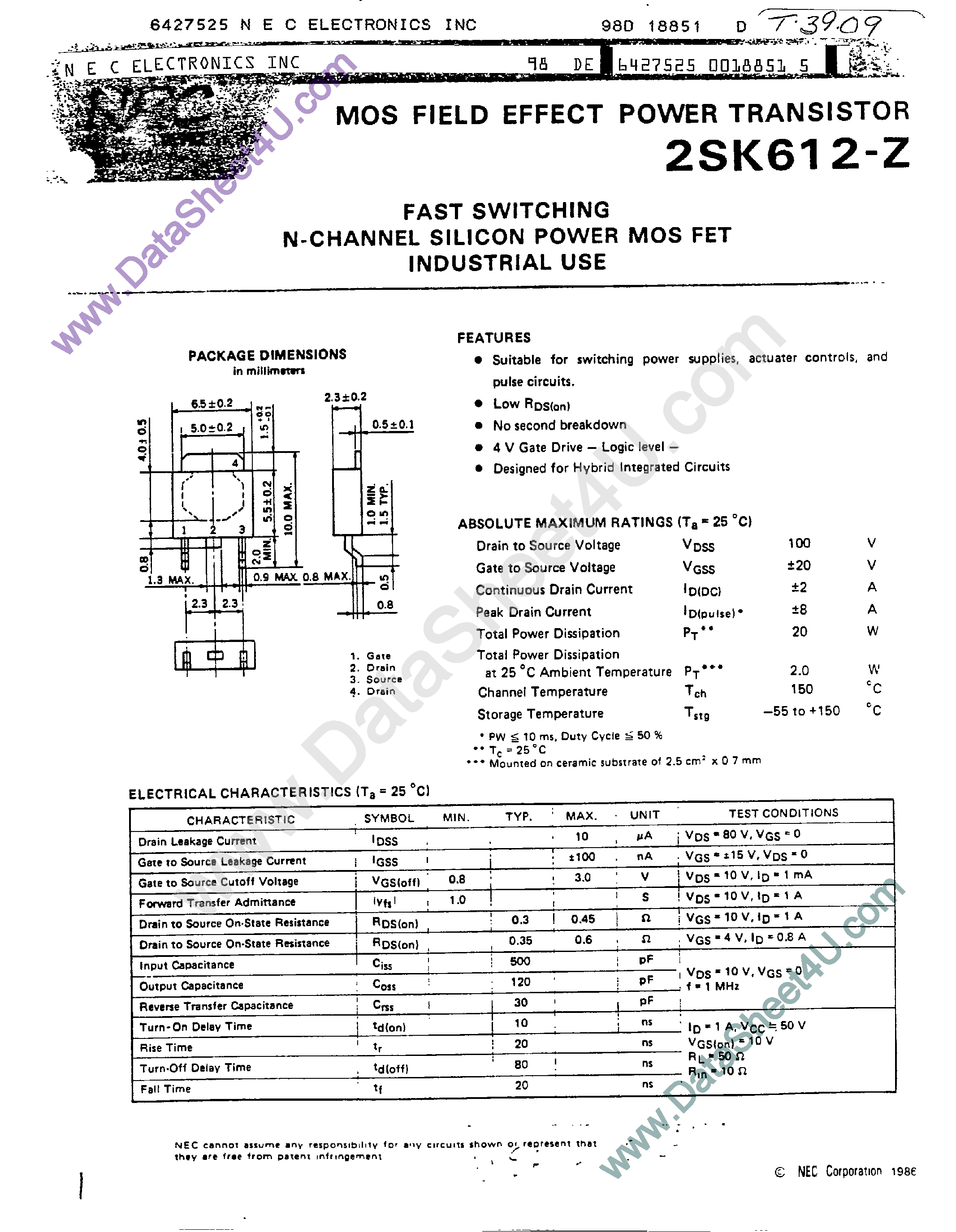 Даташит 2SK612-Z - MOS Field Effect Power Transistors страница 1