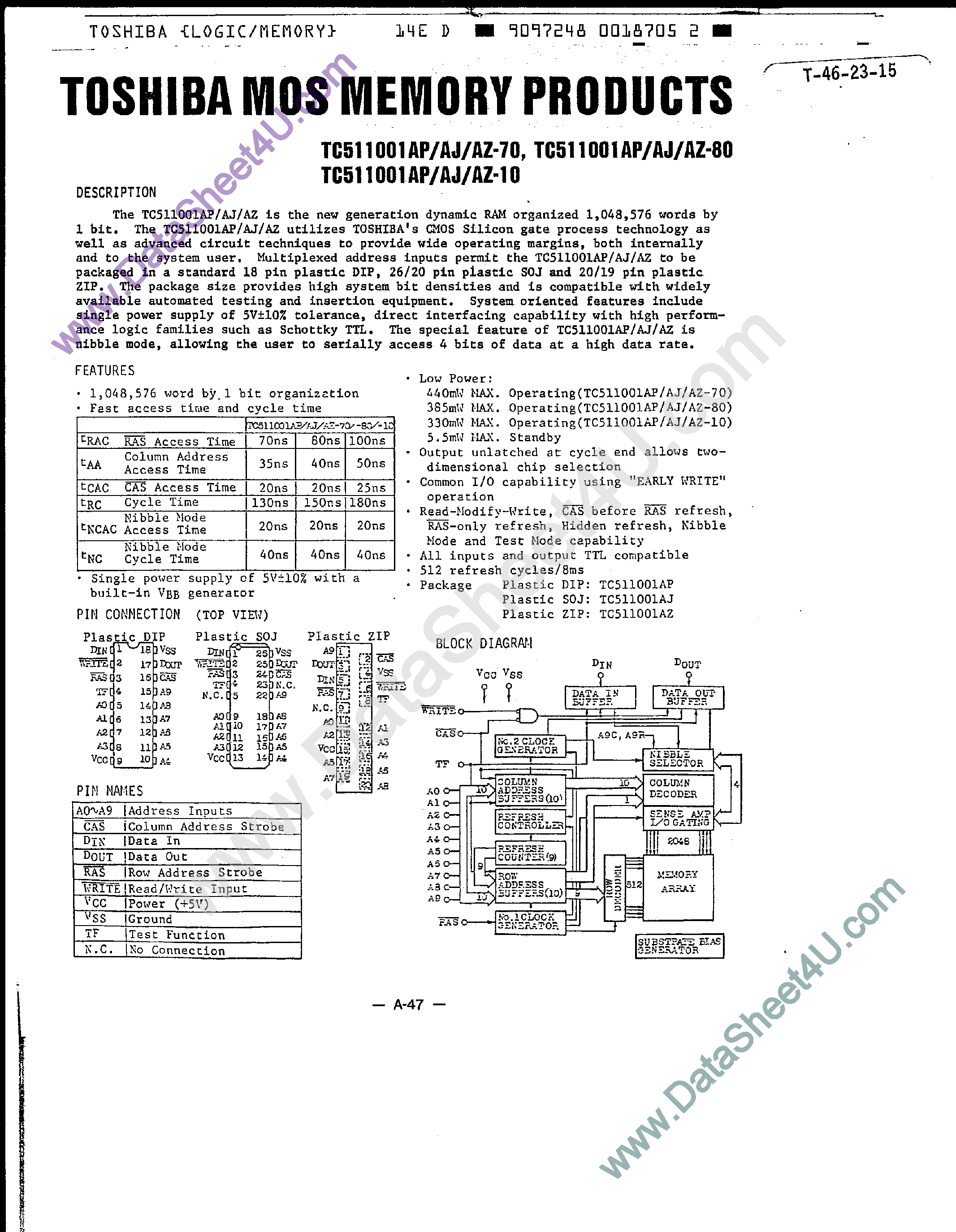 Даташит TC511001A - MOS Memory страница 1
