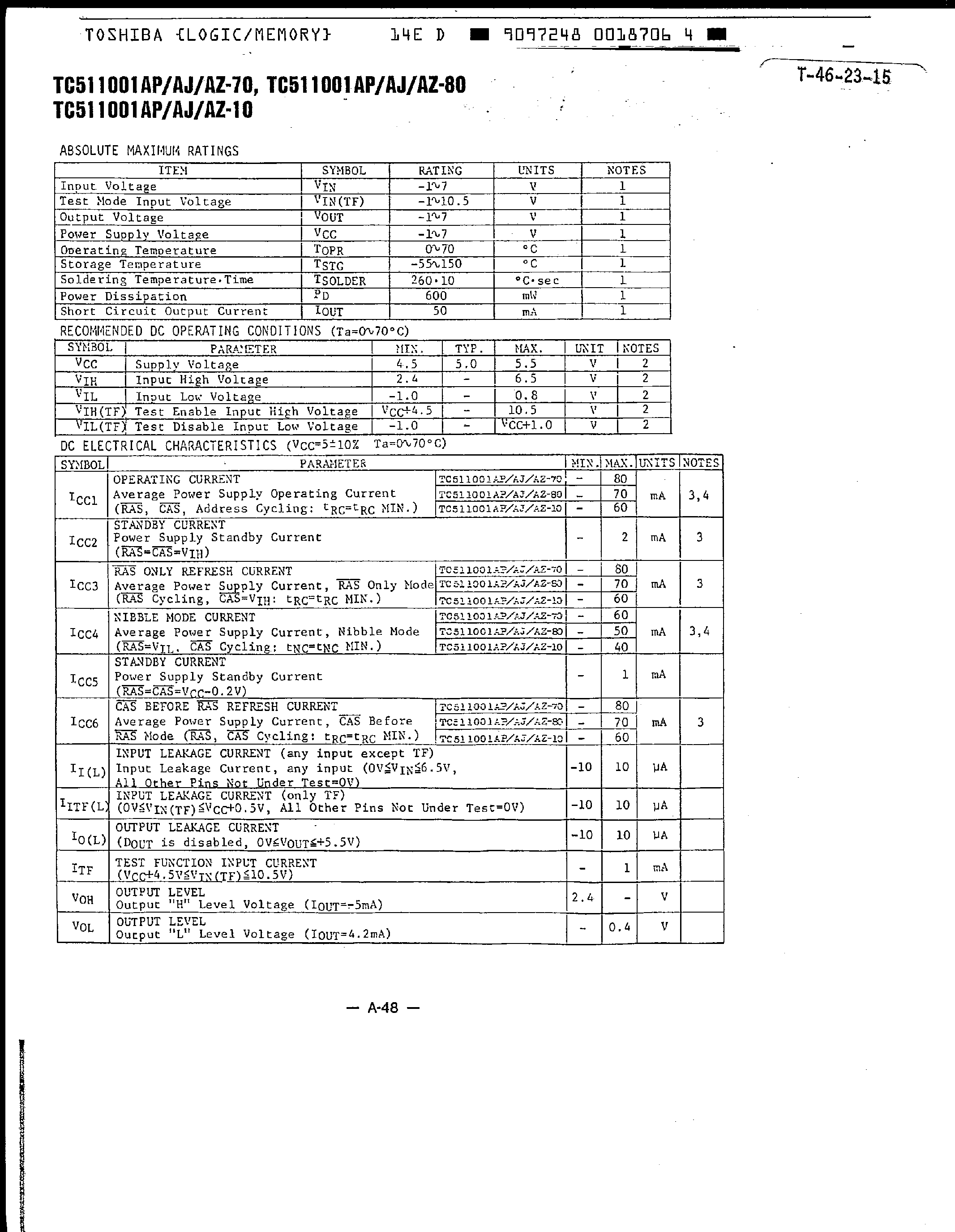 Даташит TC511001A - MOS Memory страница 2