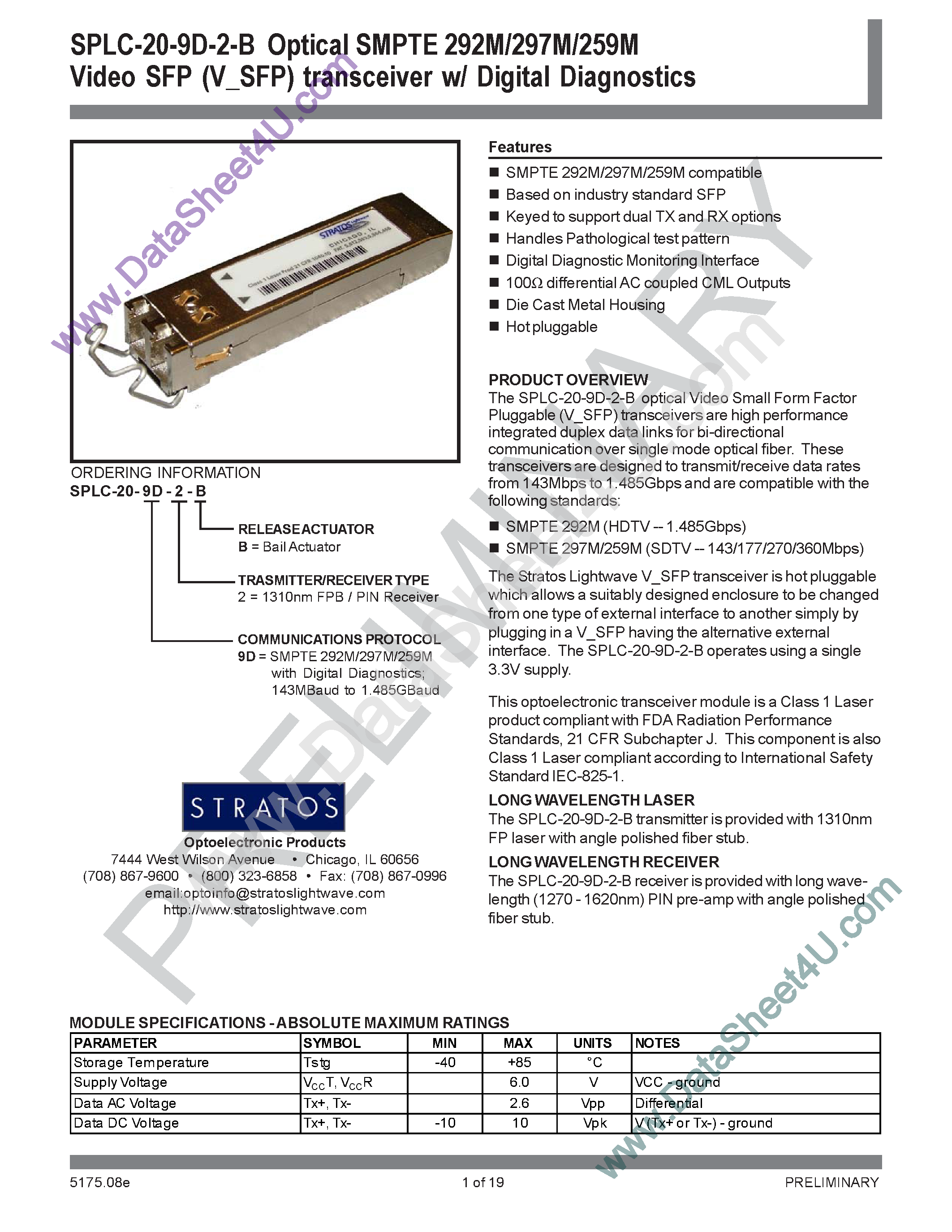 Даташит SPLC-20-9D-2-B - Optical SMPTE Video SFP Transceiver страница 1