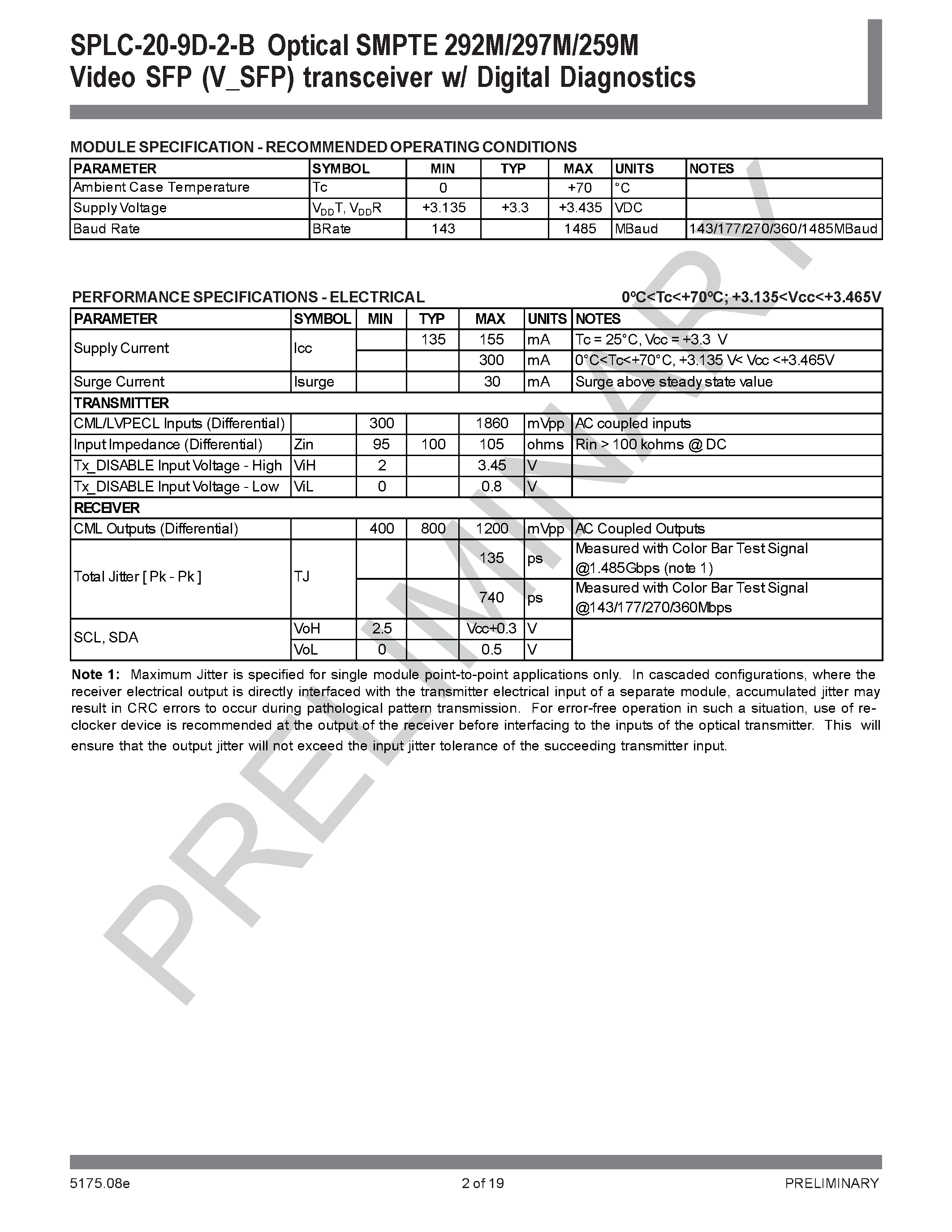 Даташит SPLC-20-9D-2-B - Optical SMPTE Video SFP Transceiver страница 2